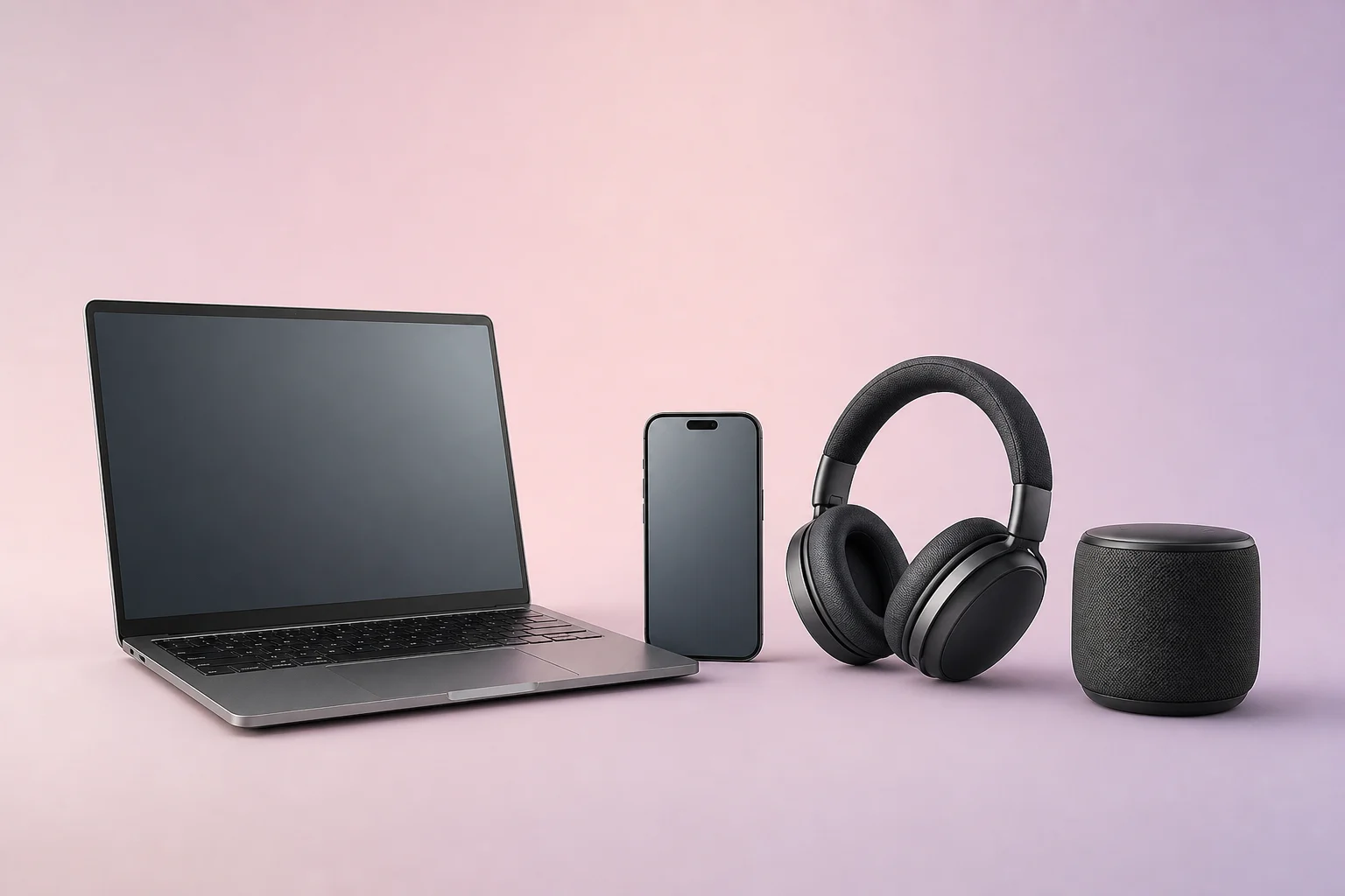 Ensemble catalogue avec ordinateur portable, smartphone, casque et enceinte