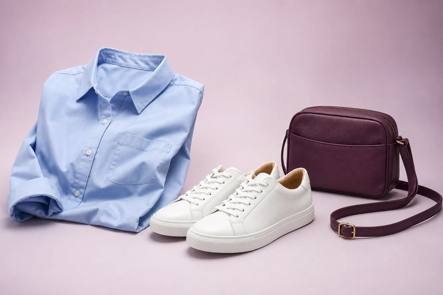 Image de catalogue d'une chemise, baskets et sac en ensemble complet