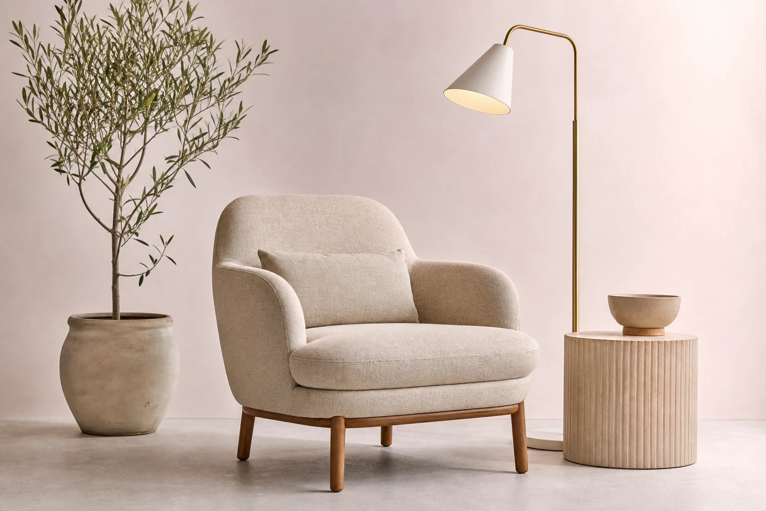 Ensemble intérieur avec un fauteuil, lampe, table d'appoint et pot de plante à l'échelle