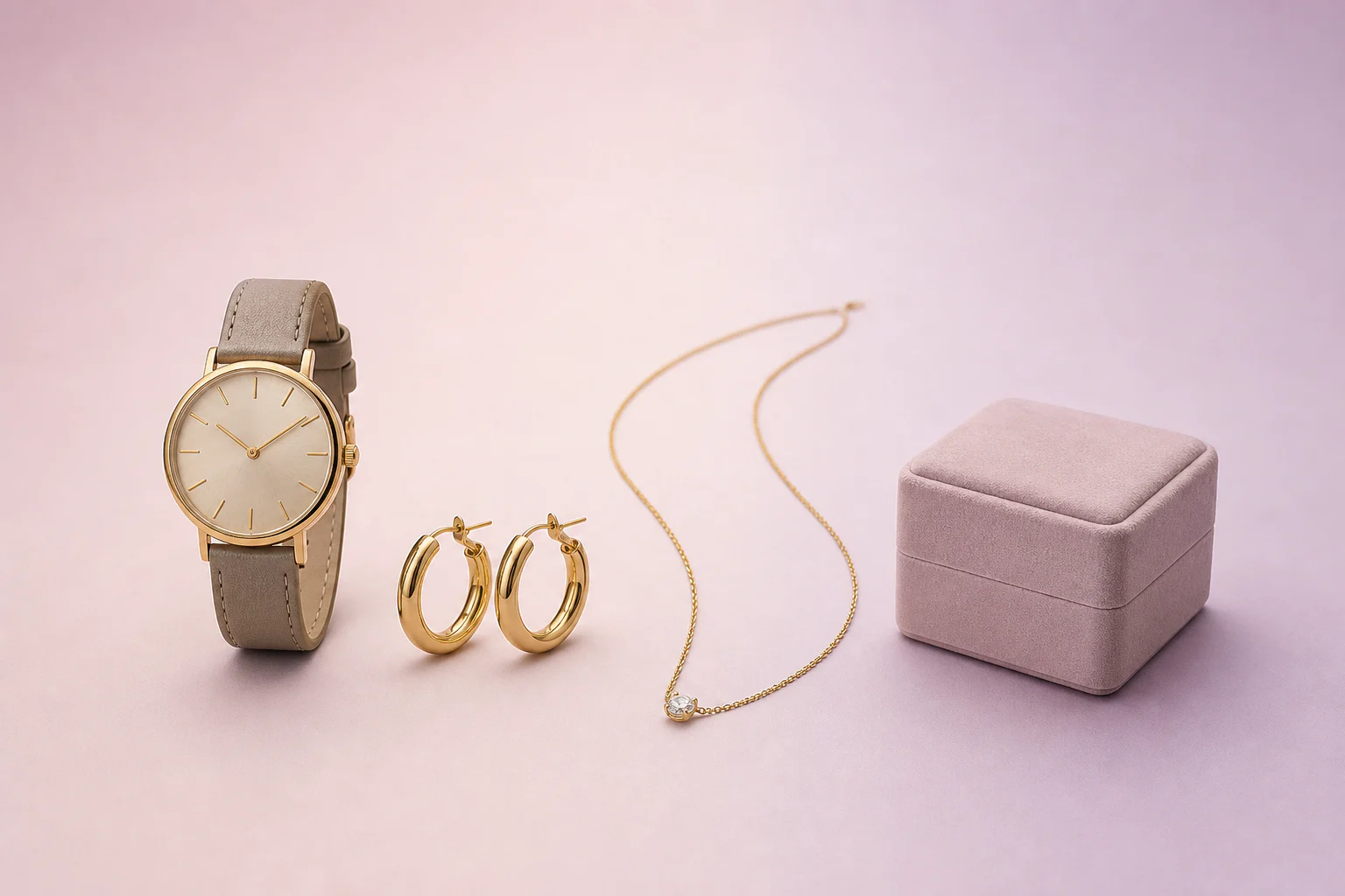 Ensemble catalogue avec montre, boucles d'oreilles, collier et boîte à bijoux
