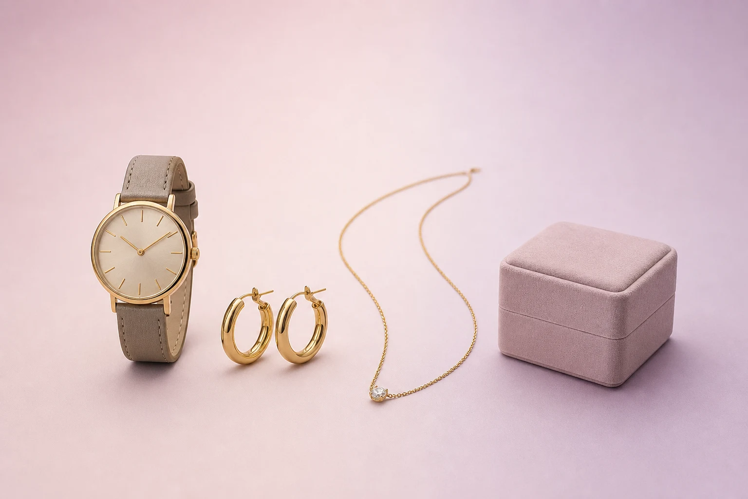 Katalogset med klocka, örhängen, halsband och smyckeskrin
