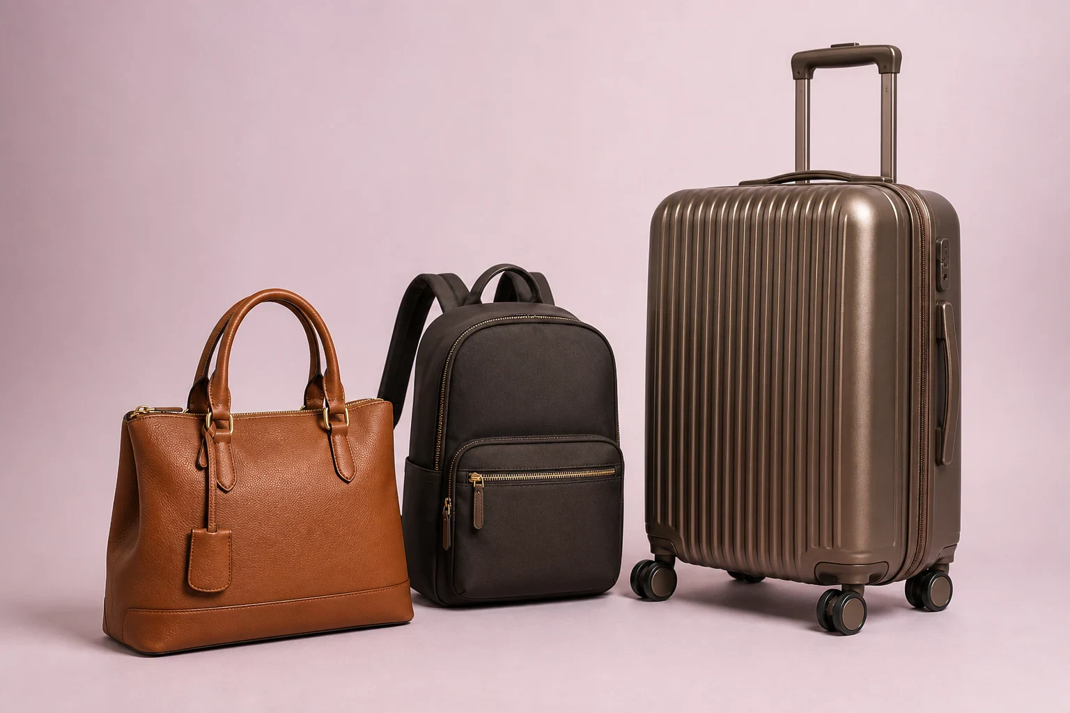 Catalog image of a handbag, backpack, and suitcase in relative proportion