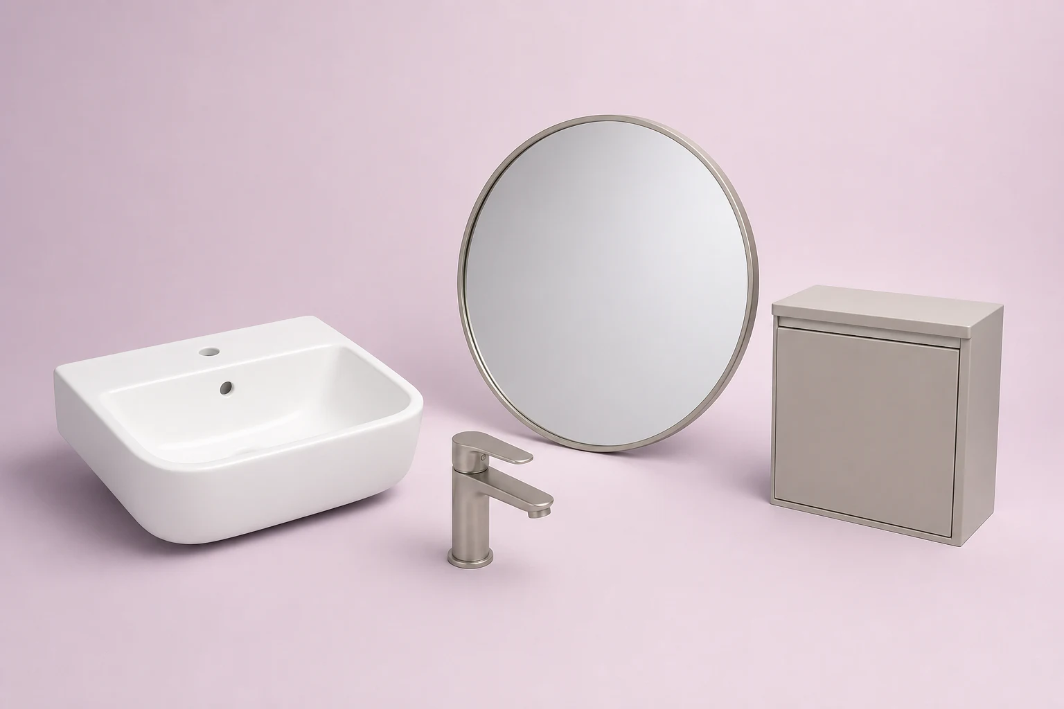 Ensemble catalogue avec lavabo, robinet, miroir et armoire de salle de bain