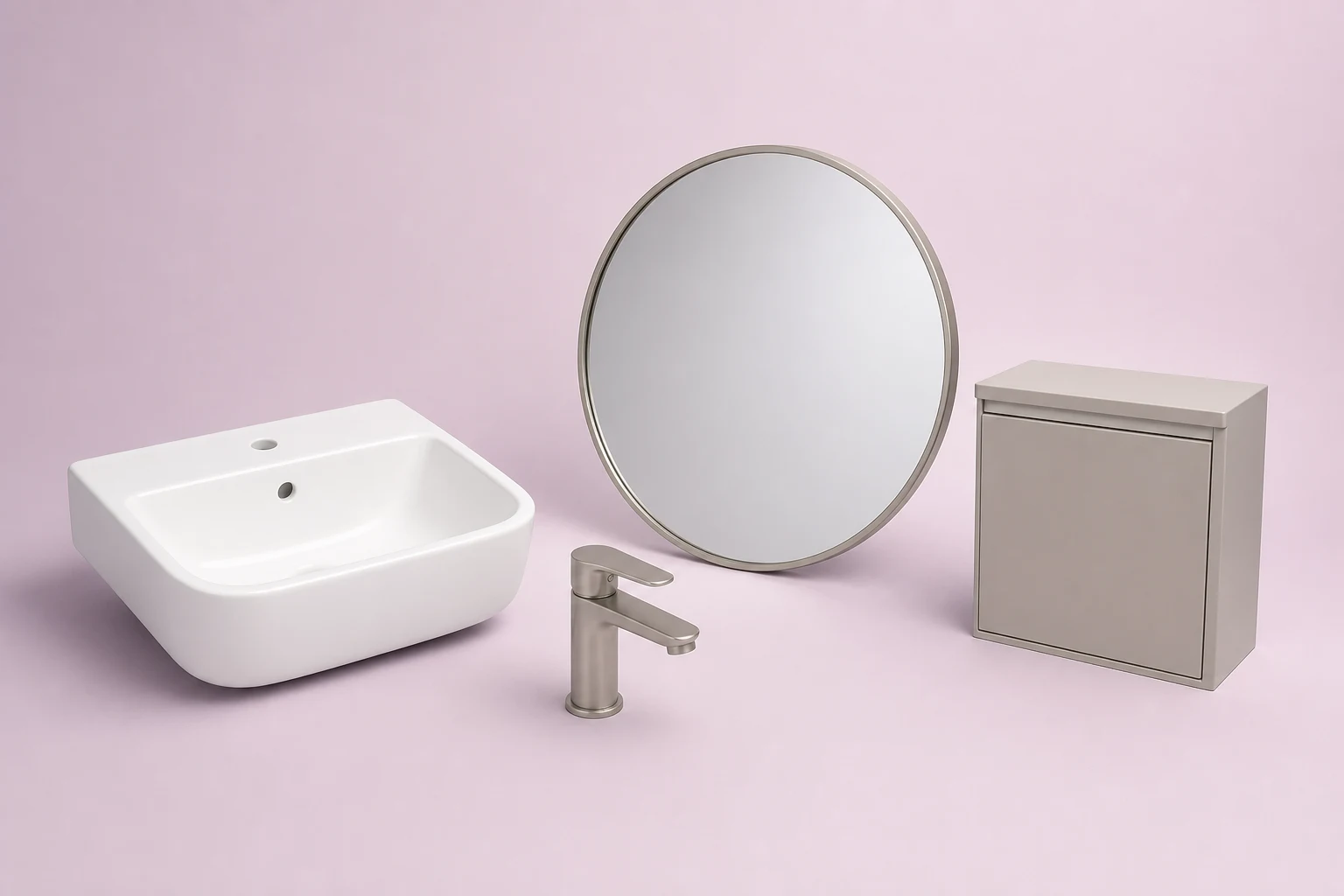 Set catalogo con lavabo, rubinetto, specchio e mobile da bagno