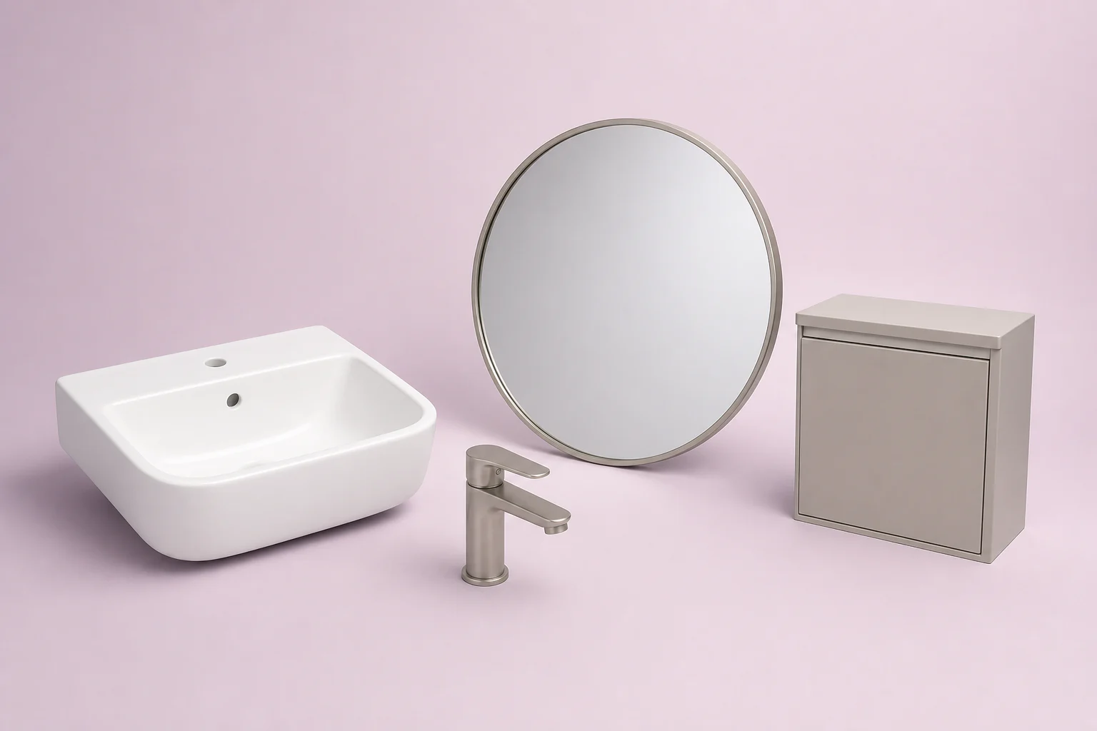 Ensemble catalogue avec lavabo, robinet, miroir et armoire de salle de bain