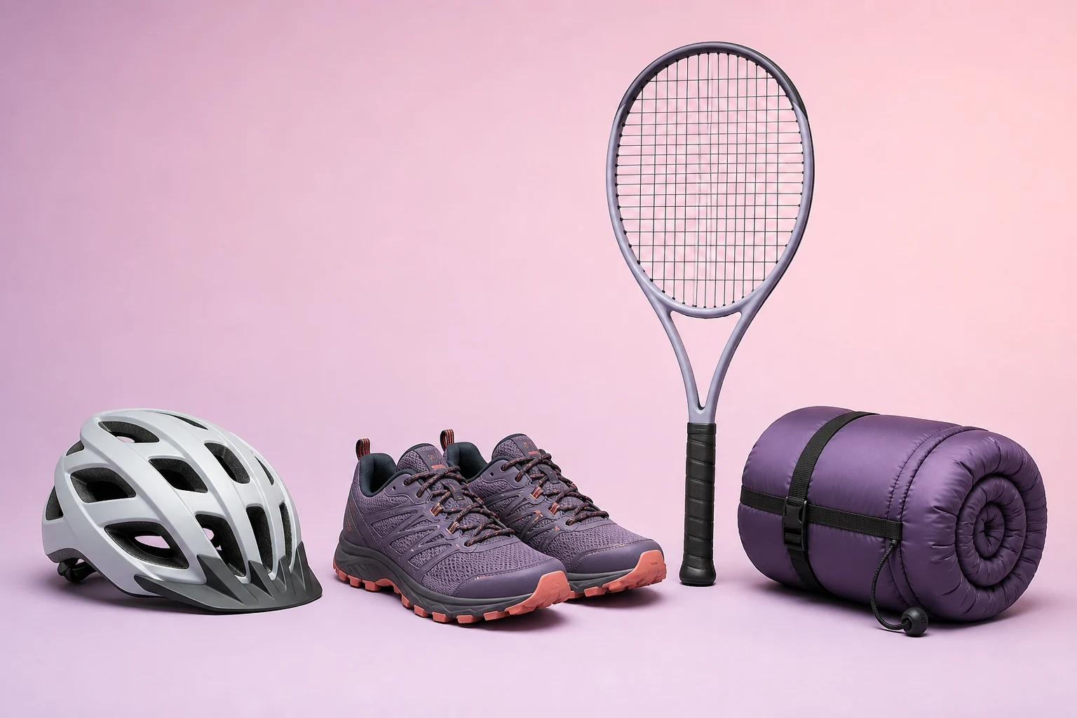 Katalogset med hjälm, löparskor, tennisracket och sovsäck