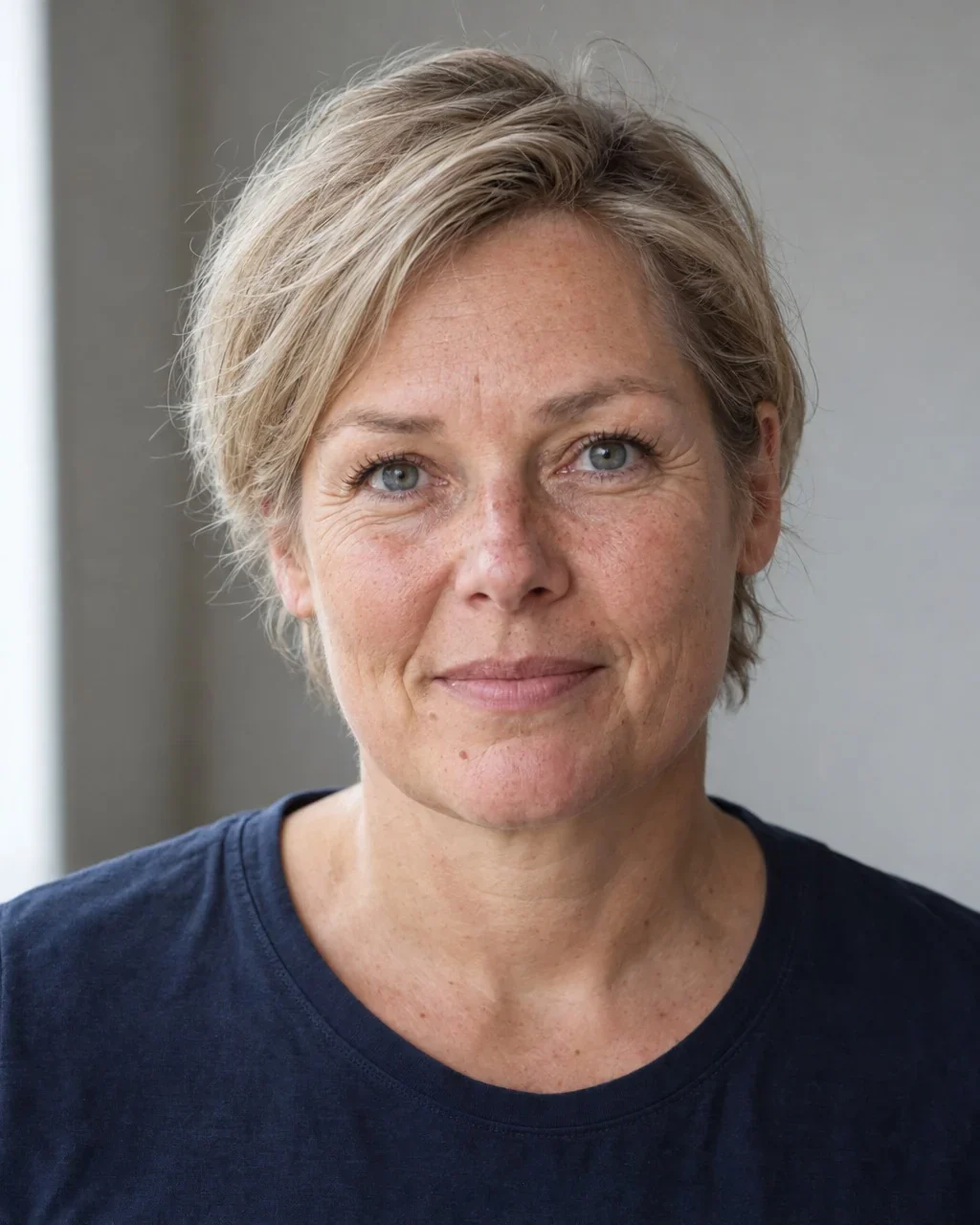 Modèle IA Femke : femme d’environ 46 ans aux cheveux blonds courts
