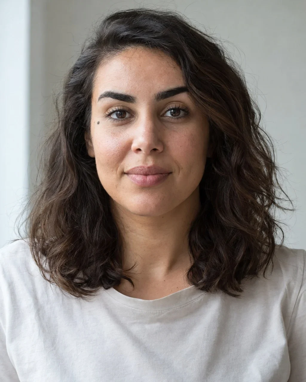 Modèle IA Noor : femme d’environ 28 ans aux cheveux foncés ondulés