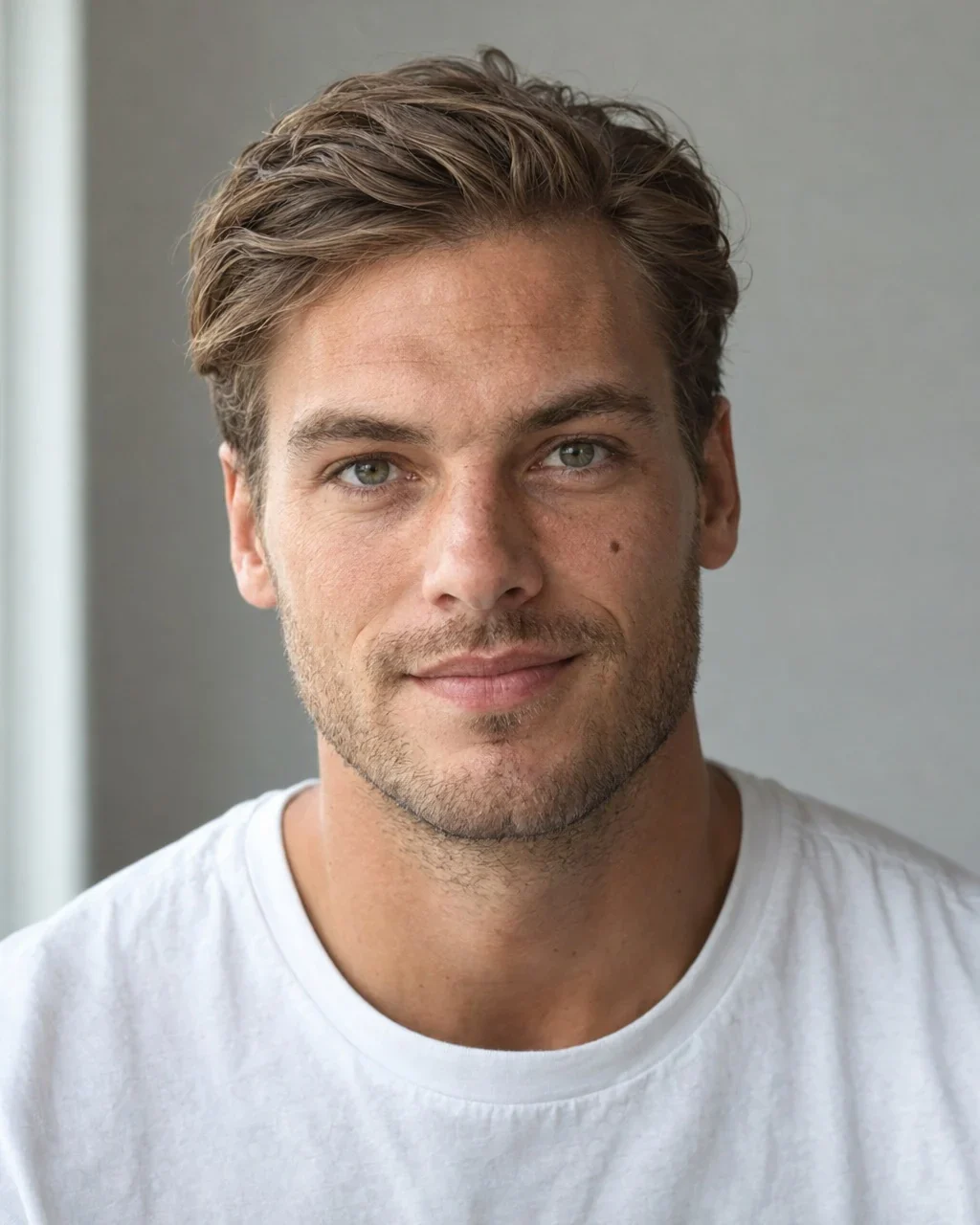 Modèle IA Thijs : homme de 29 ans aux cheveux blond foncé, avec un grain de beauté sur la pommette