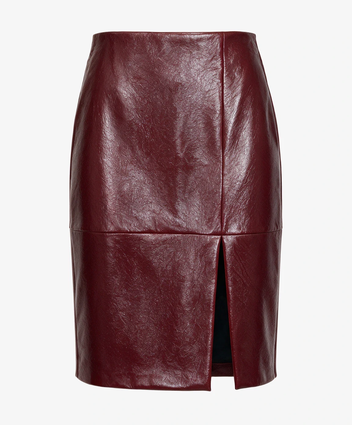 The same skirt as a packshot, with the shine, seams and slit of the original