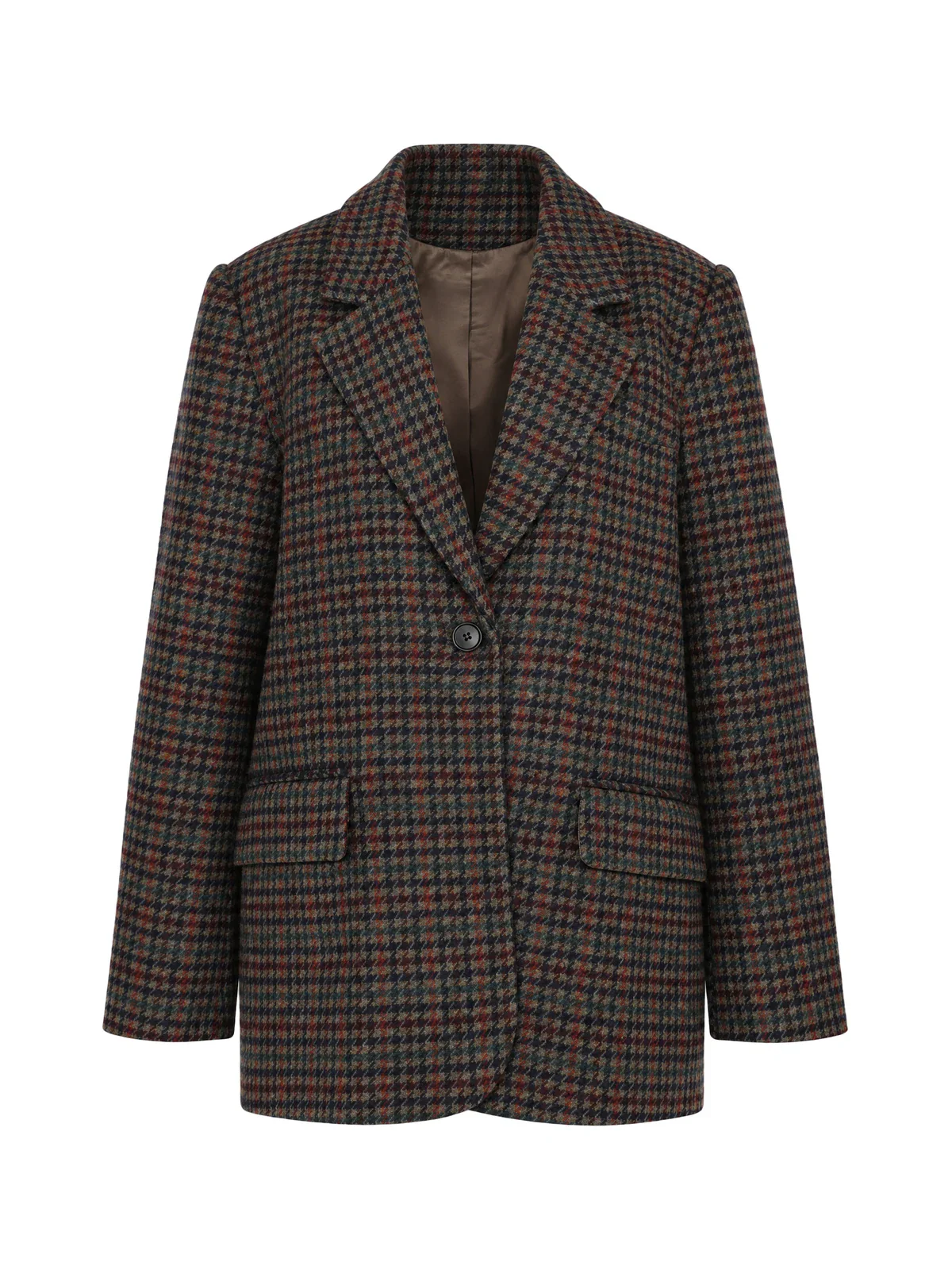 Checkered blazer as a ghost packshot with visible lining, made from a mannequin photo