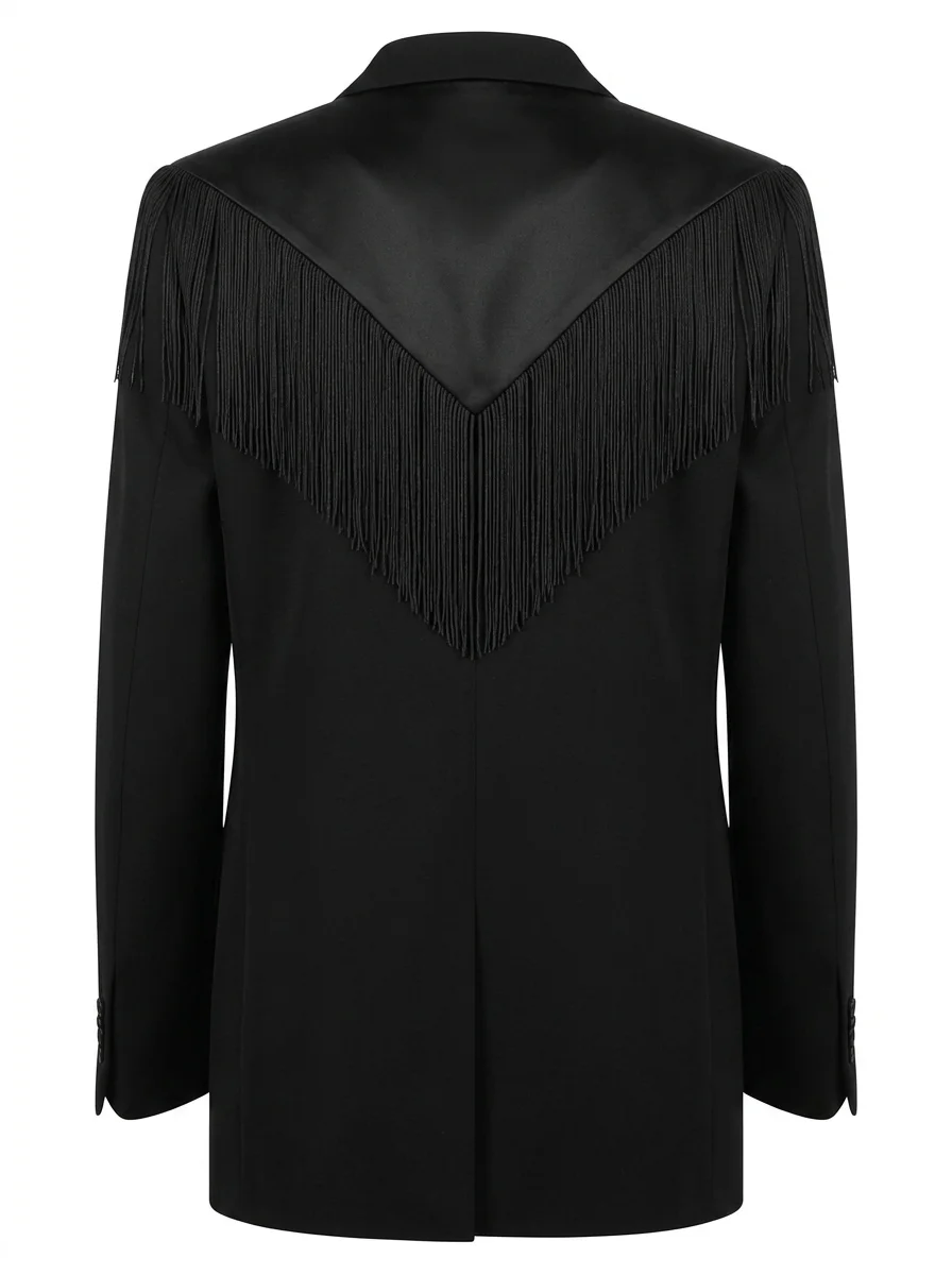 Sort blazer med frynser på ryggen som packshot med usynlig mannequin, bagside
