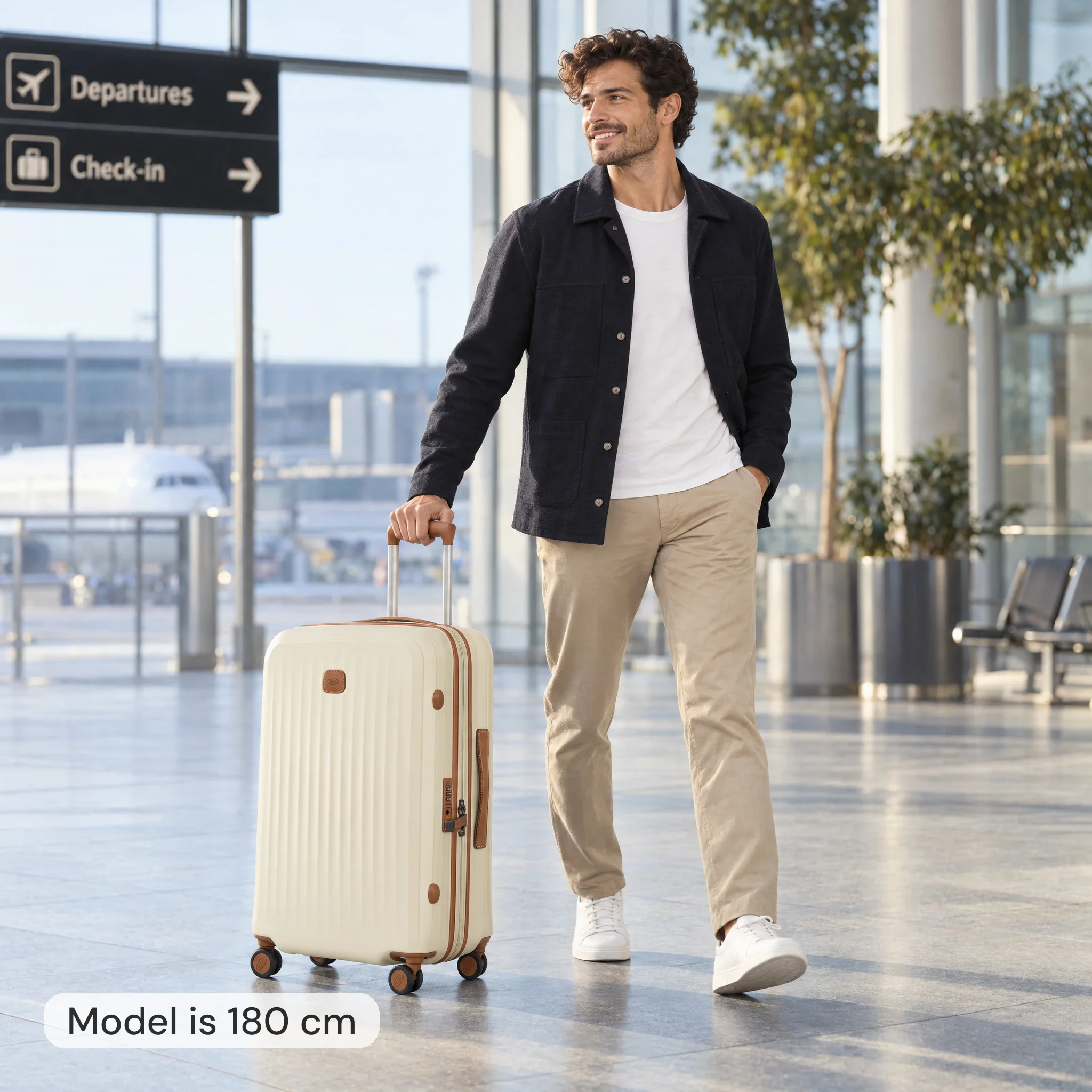 AI model image: 180 cm man with an ecru Bric's suitcase 69 cm high