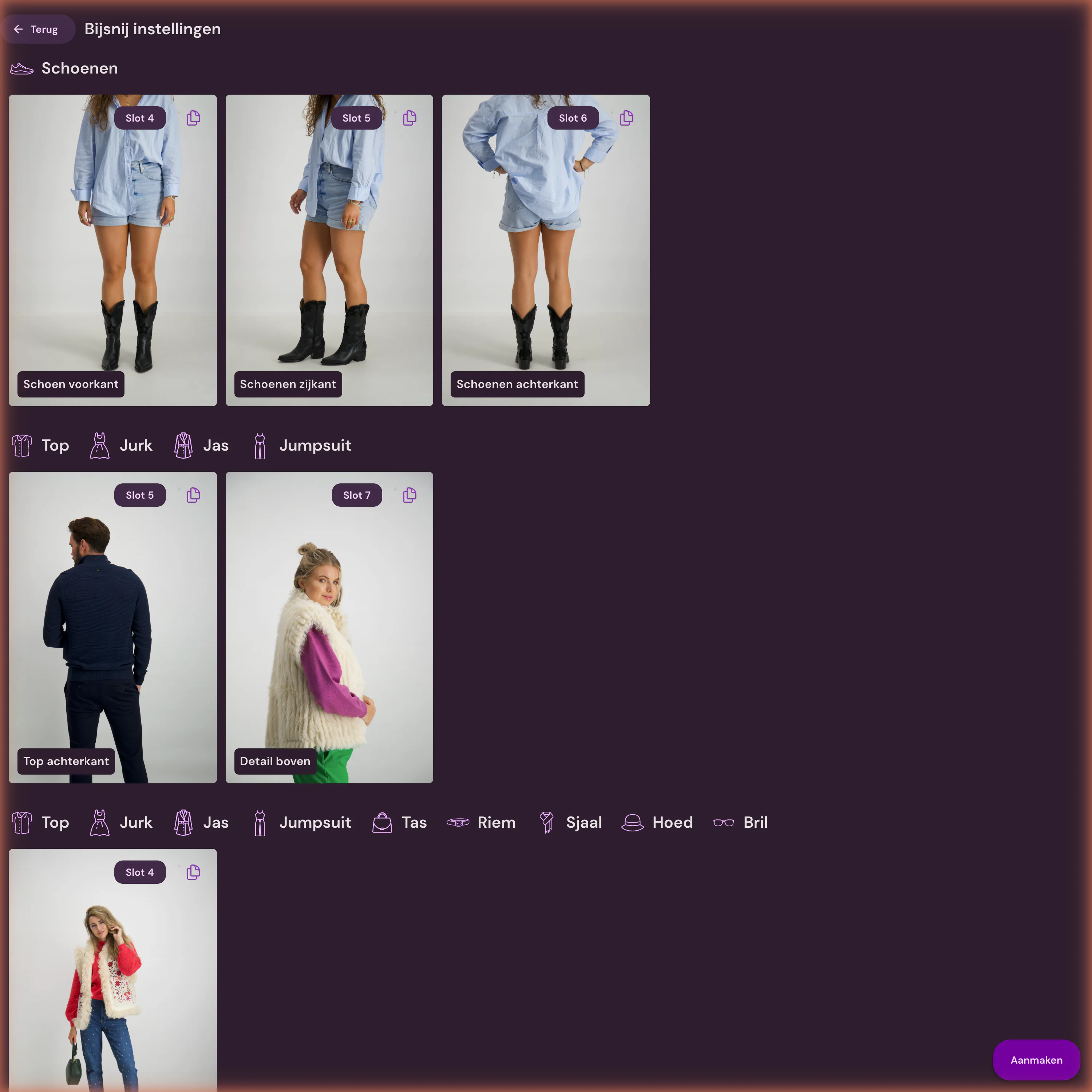Crop settings per product group with fixed slots for shoe front, side, and back