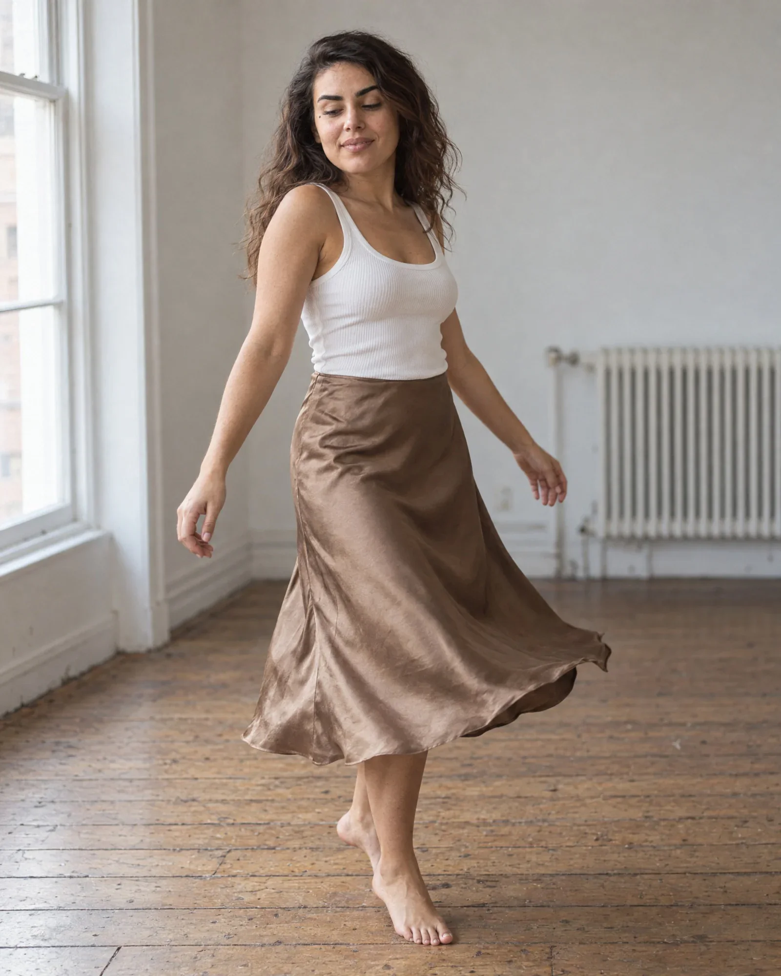 Noor dances barefoot in a sunny empty apartment, her satin skirt swirling