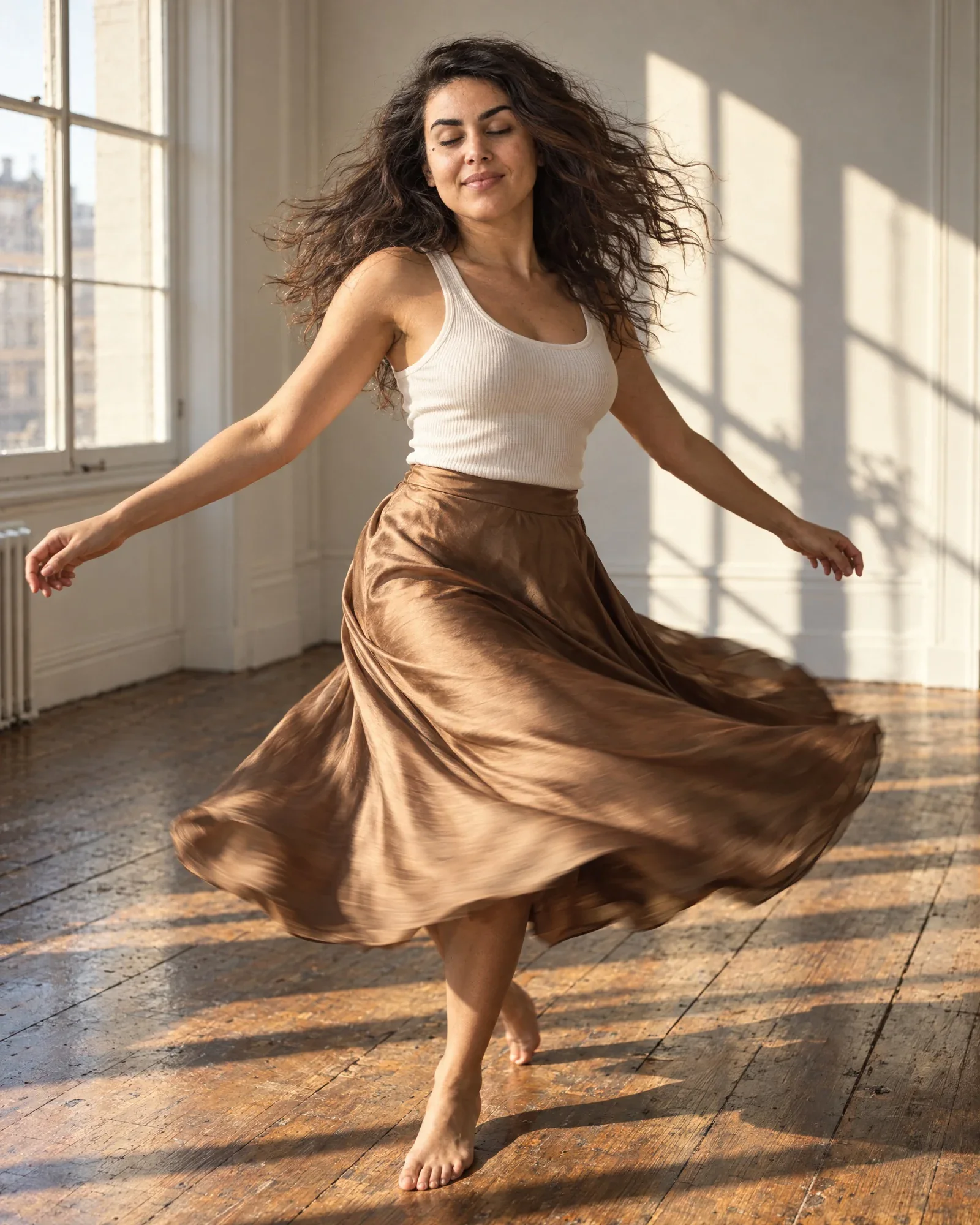 Noor danst op blote voeten in een zonnig leeg appartement, haar satijnen rok wervelt