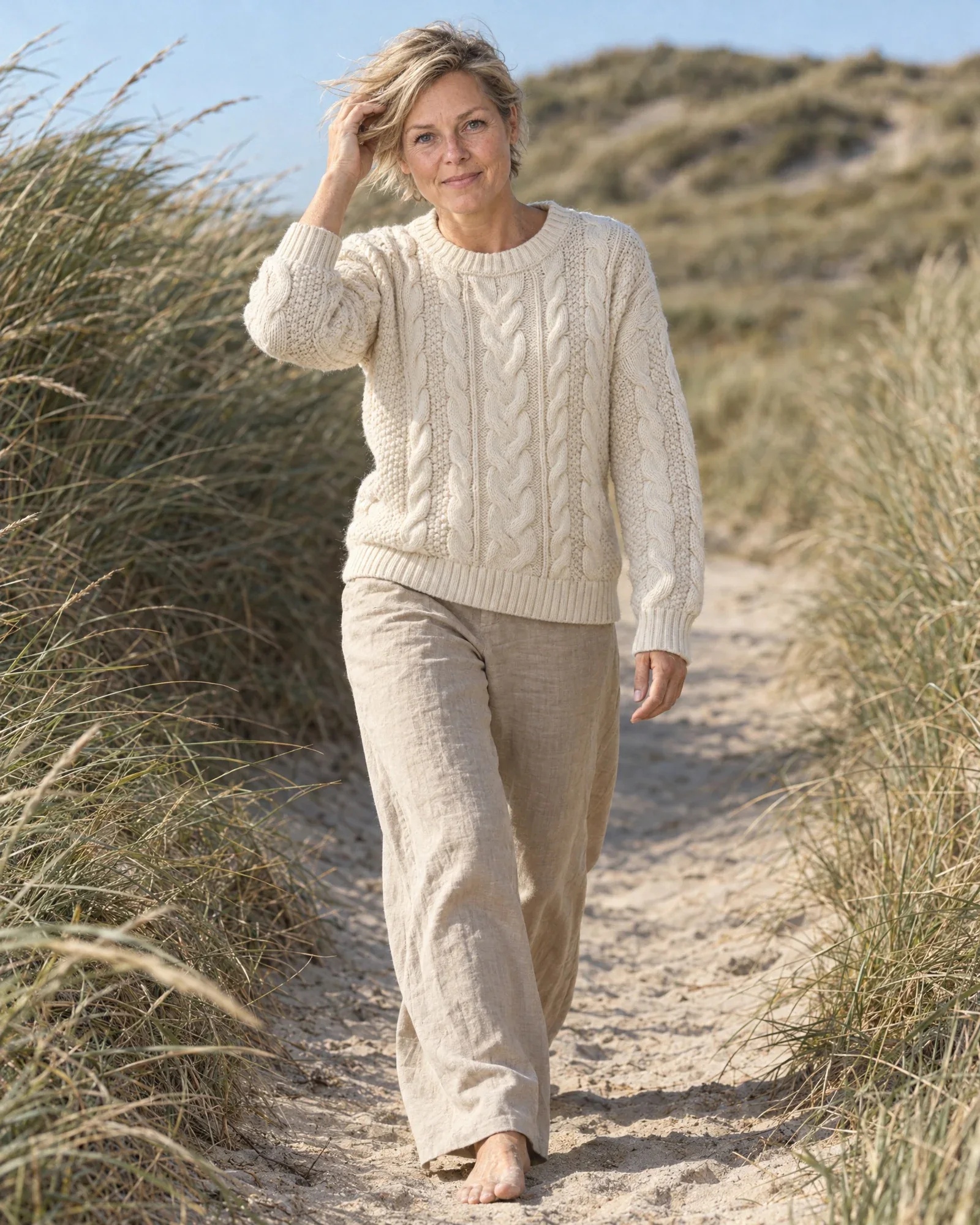 Femke in a cream cable-knit sweater on a windy dune path