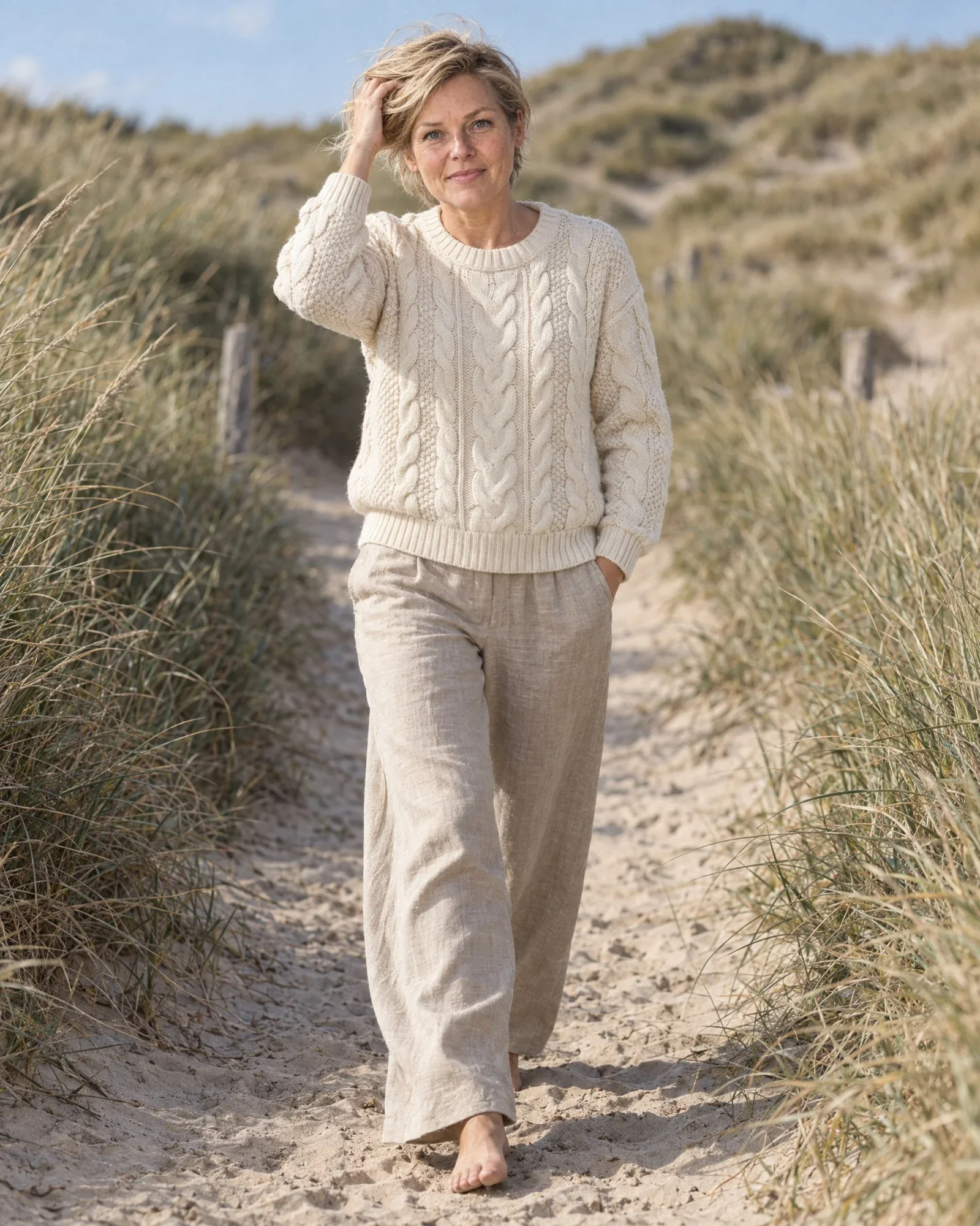 Femke dans un pull torsadé crème sur un sentier de dunes venteux