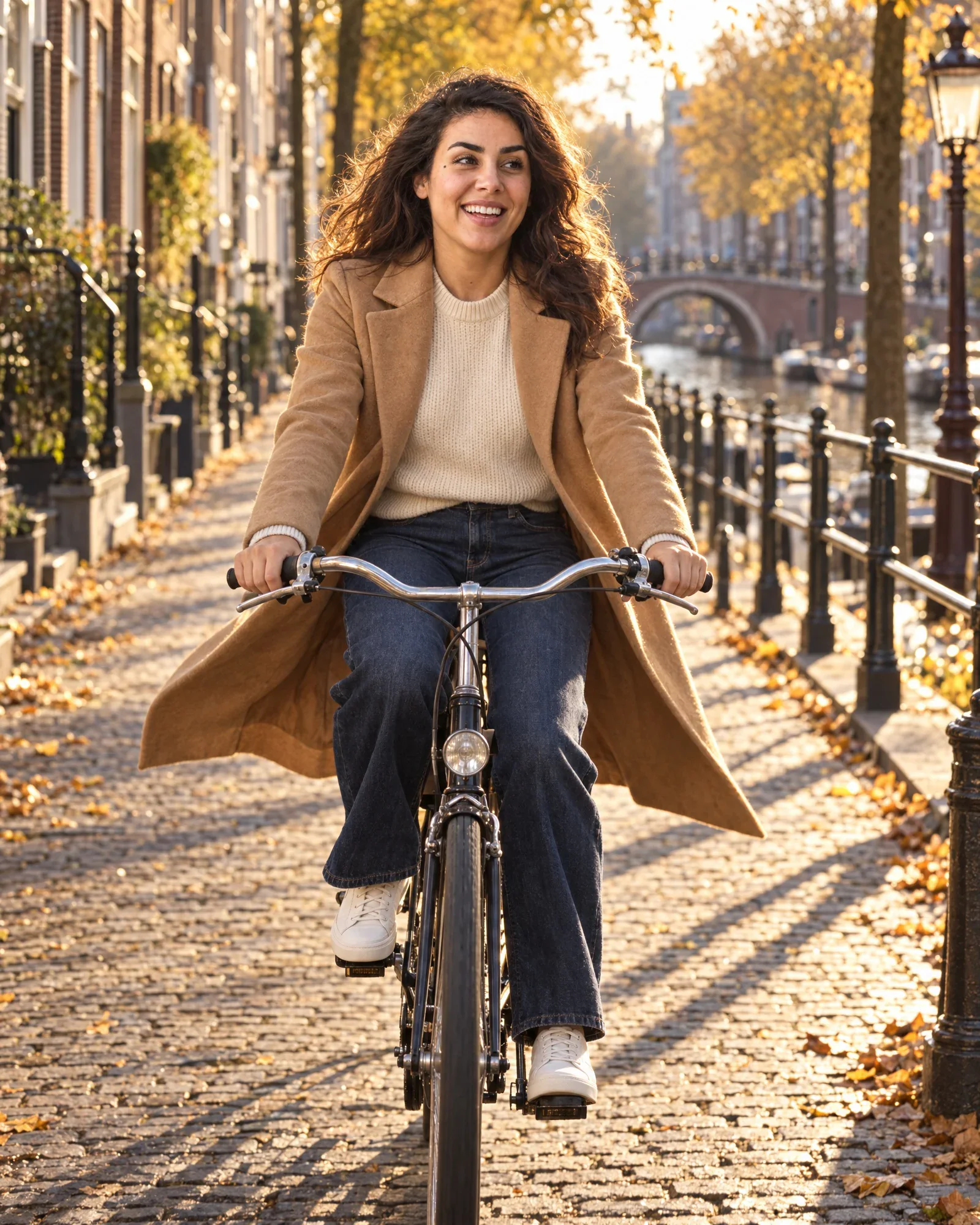 Noor longe à vélo un canal d’Amsterdam en souriant, le manteau camel flottant derrière elle