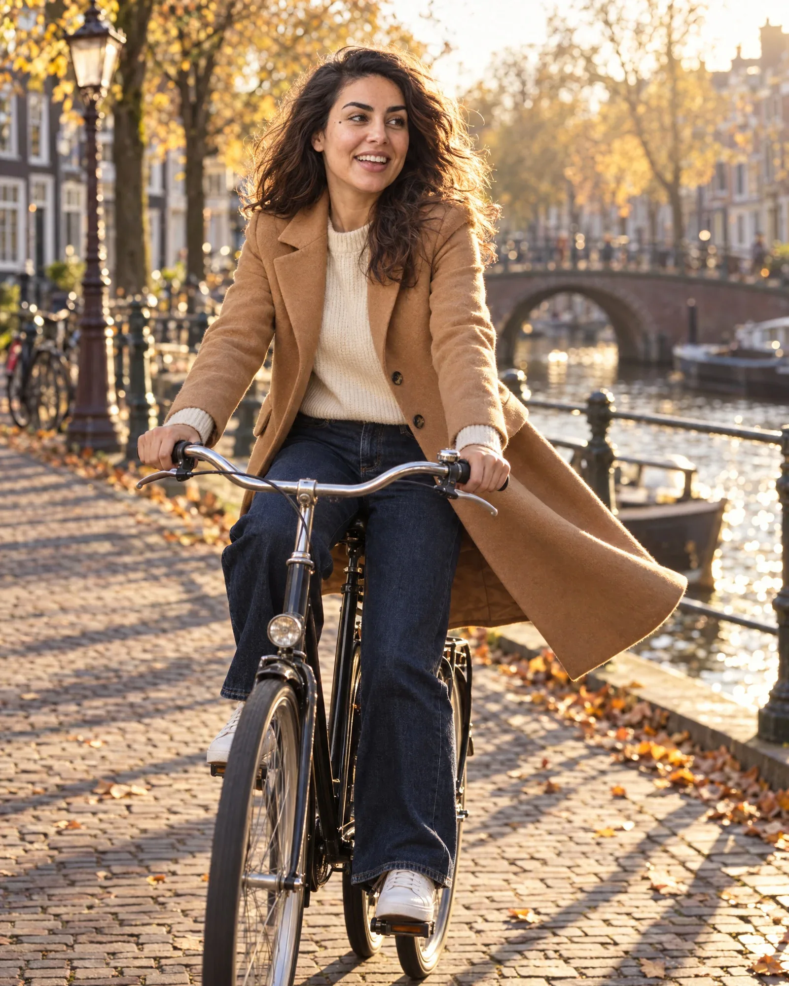 Noor fietst lachend langs een Amsterdamse gracht, de camel jas wappert achter haar aan