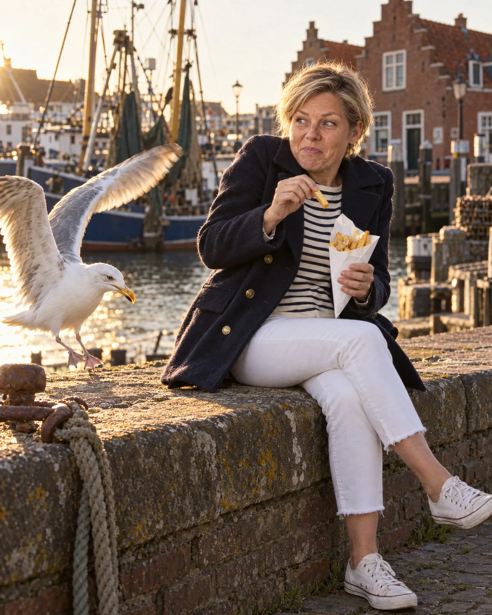 Femke eet patat op een havenmuur terwijl er een meeuw naast haar landt