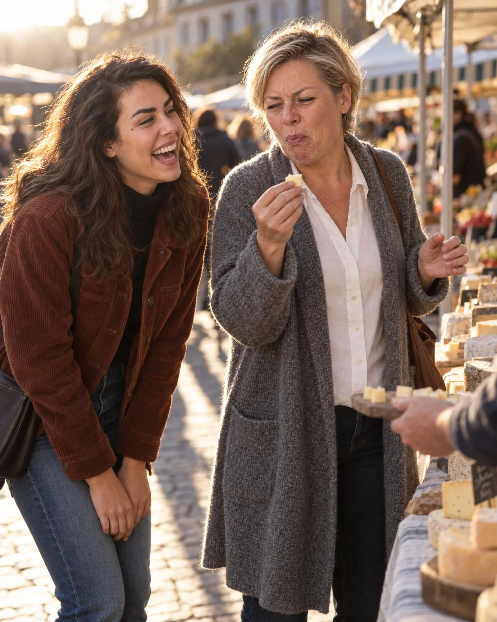 Femke proeft kaas op de markt en trekt een gezicht, Noor ligt dubbel van het lachen