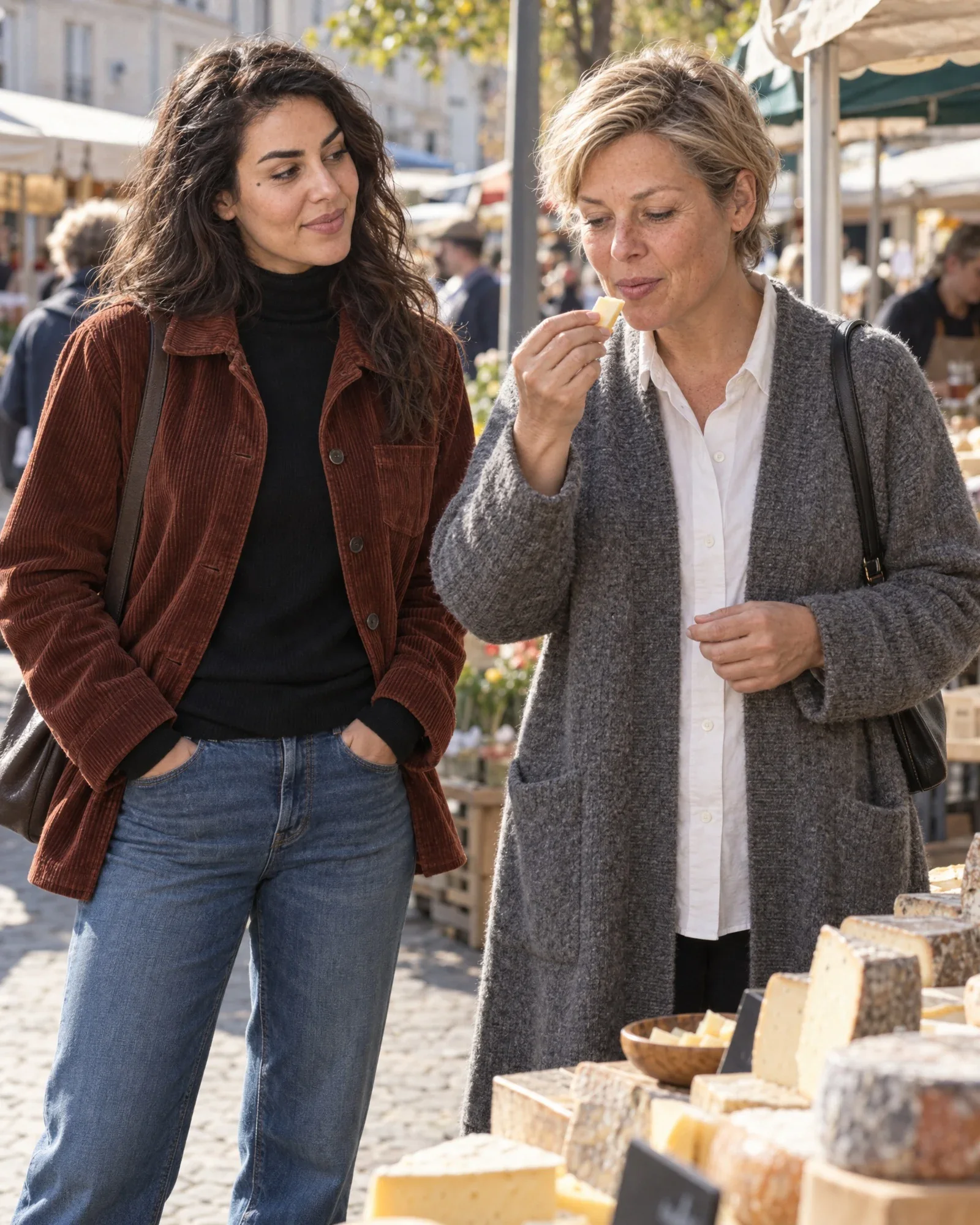 Femke tasting cheese at the market while Noor watches