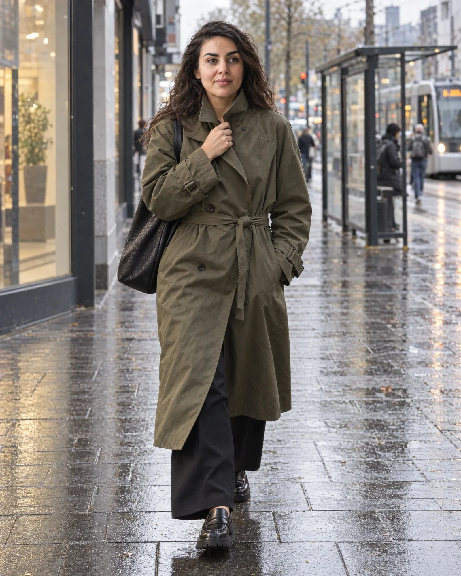 Noor walking down a wet street in Rotterdam in a trench coat