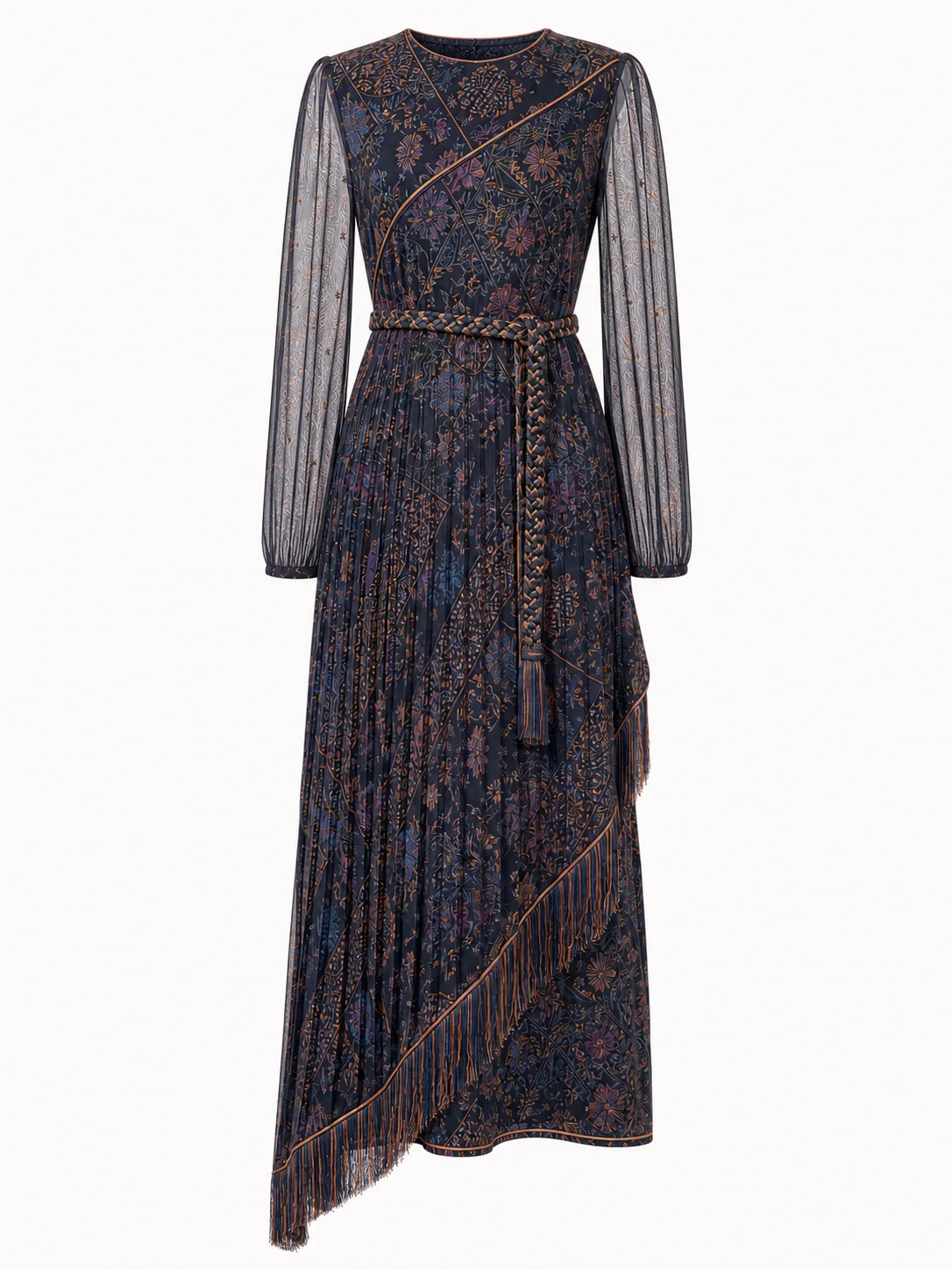 Pleated dress with sheer sleeves and fringes as a cutout packshot