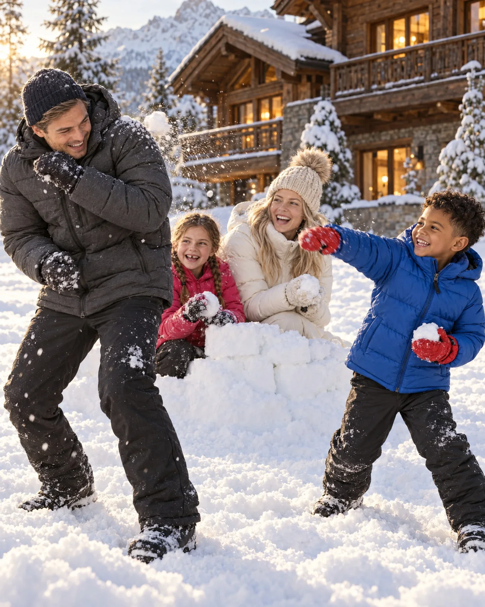 Thijs, Isa, Lieke et Sem font une bataille de boules de neige devant un chalet