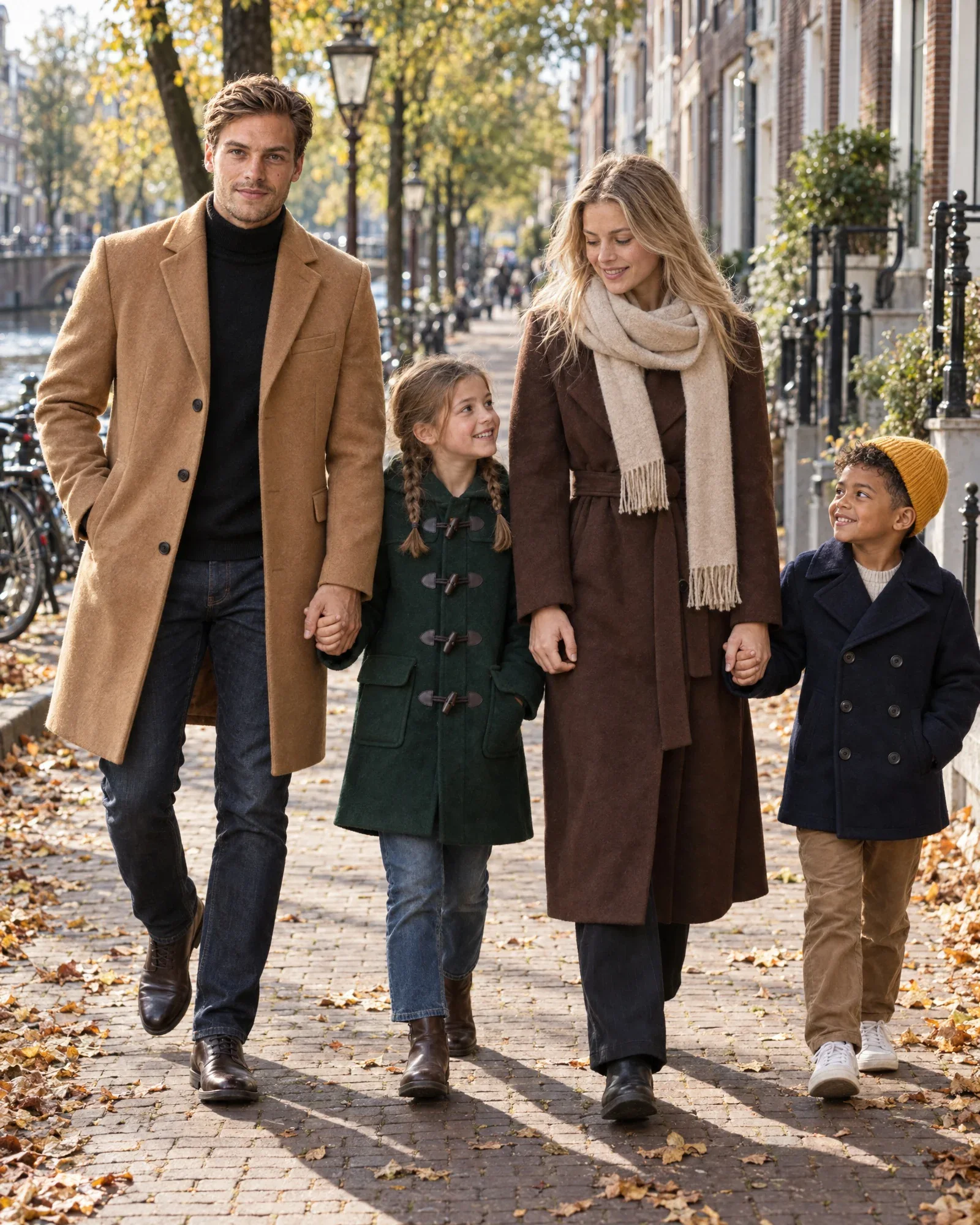 Thijs and Isa walk along an Amsterdam canal in autumn, holding Lieke’s and Sem’s hands