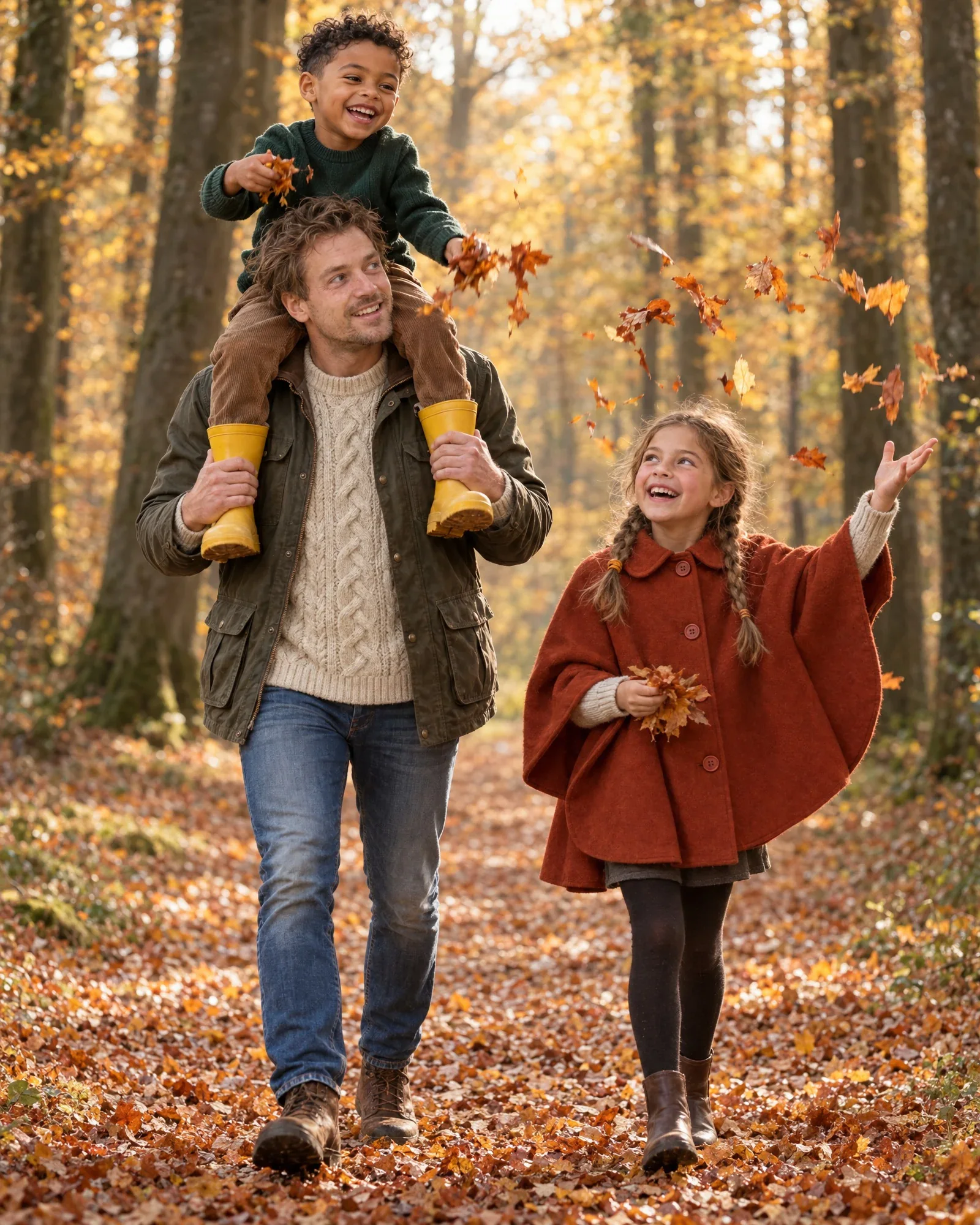 Daan avec Sem sur les épaules et Lieke qui lance des feuilles, dans une forêt d’automne de la Veluwe