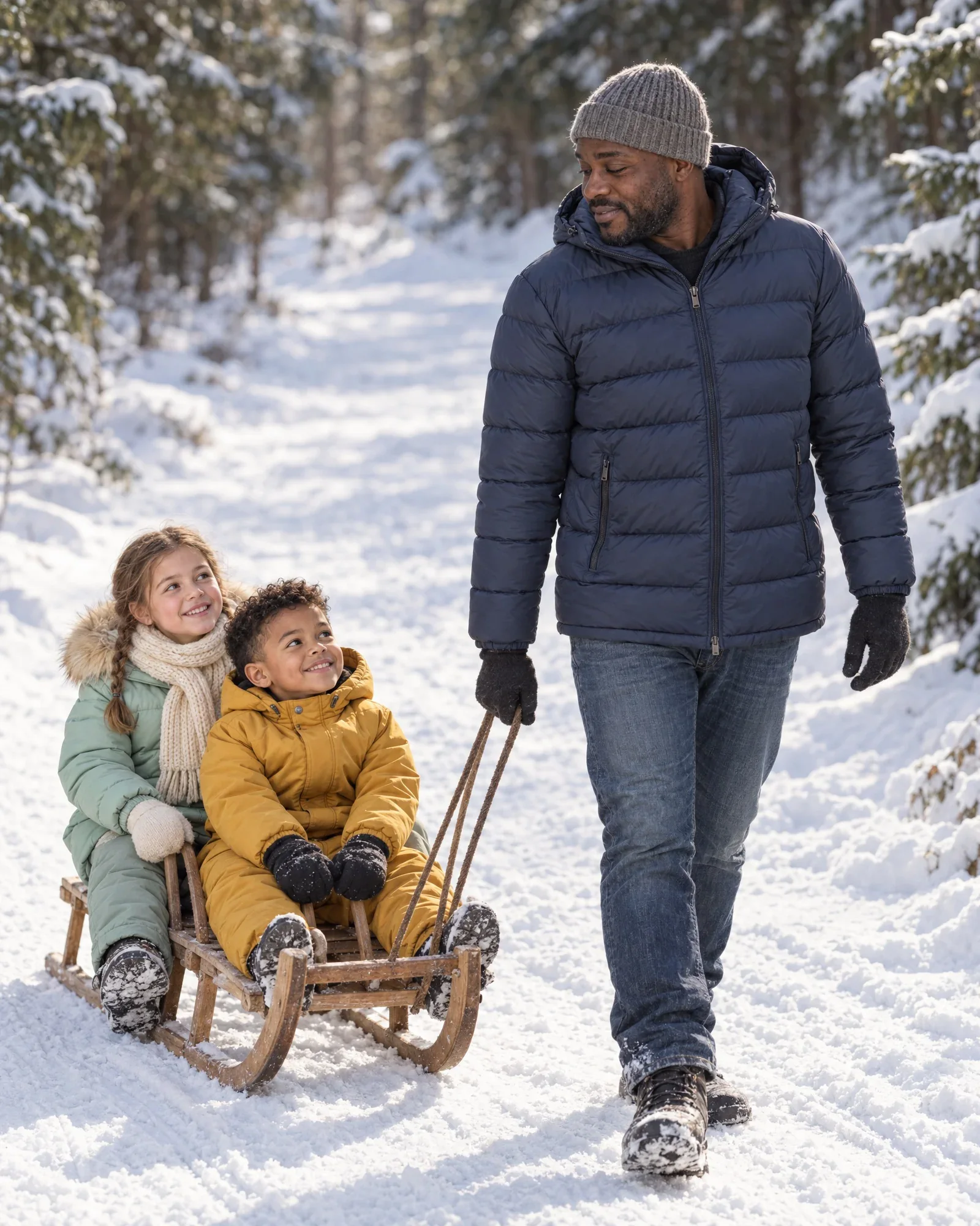 Jesse pulling Lieke and Sem through the snow on a wooden sled