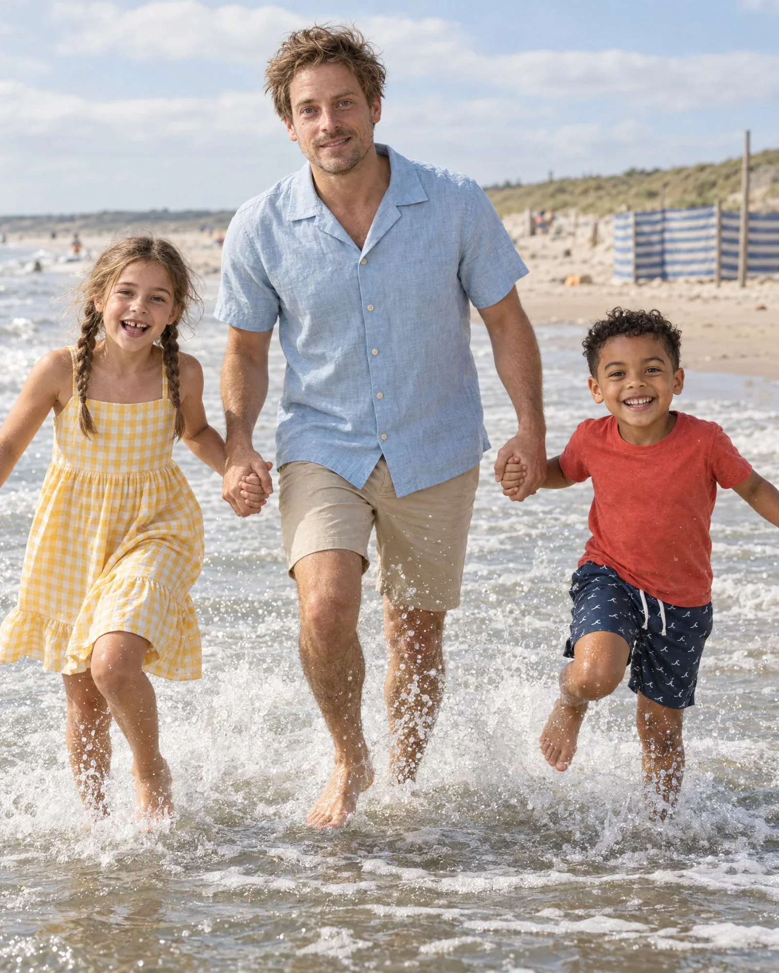 Daan, Lieke et Sem courent main dans la main dans la mer du Nord