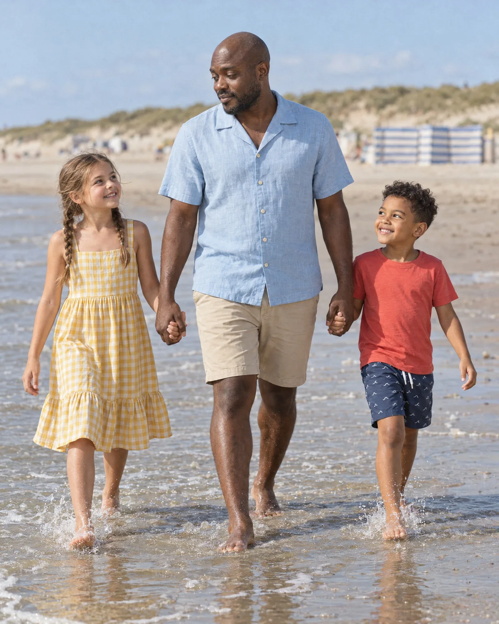 Jesse, Lieke, and Sem walking hand in hand through the surf