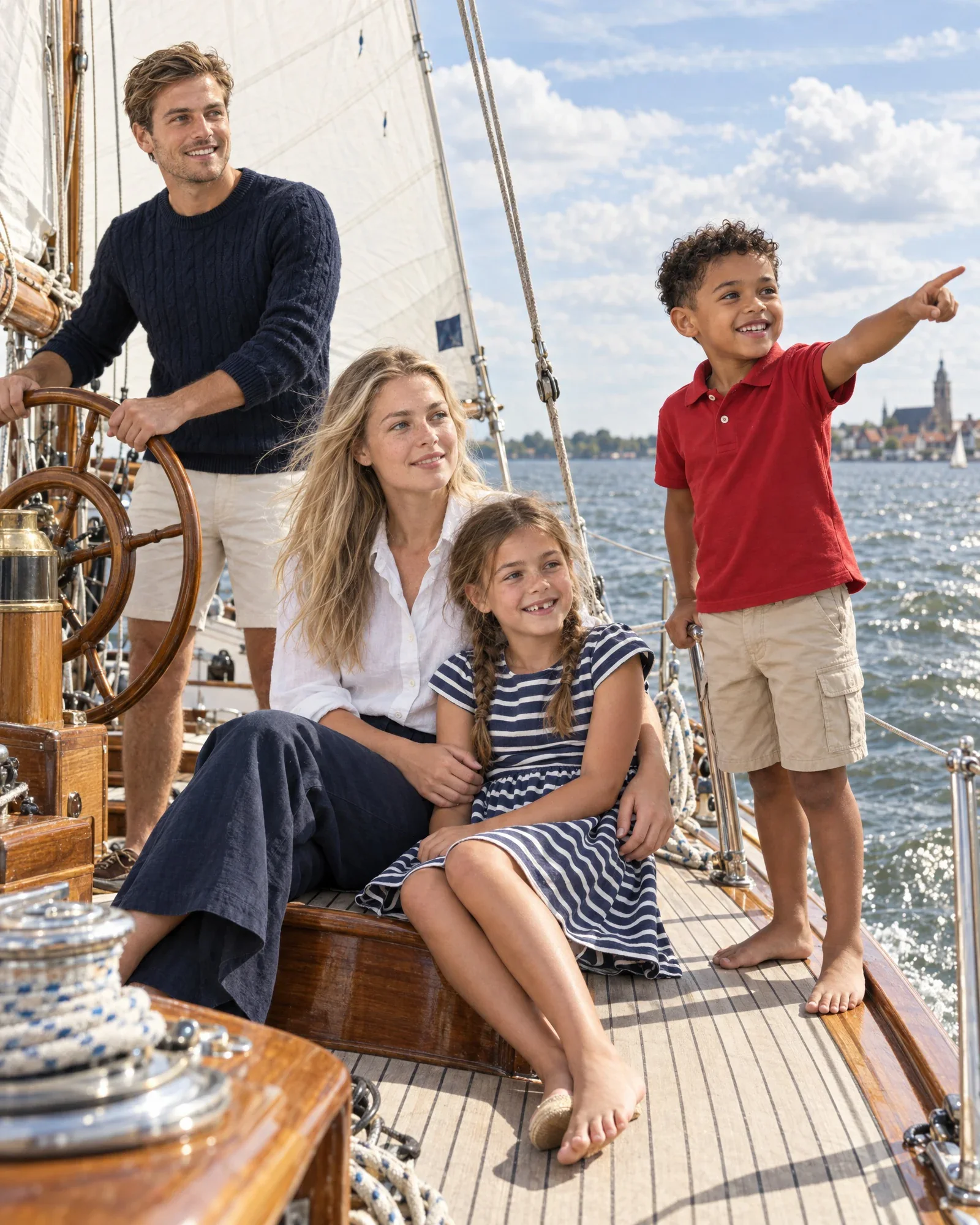 Thijs, Isa, Lieke et Sem sur le pont d’un voilier en bois sur l’IJsselmeer