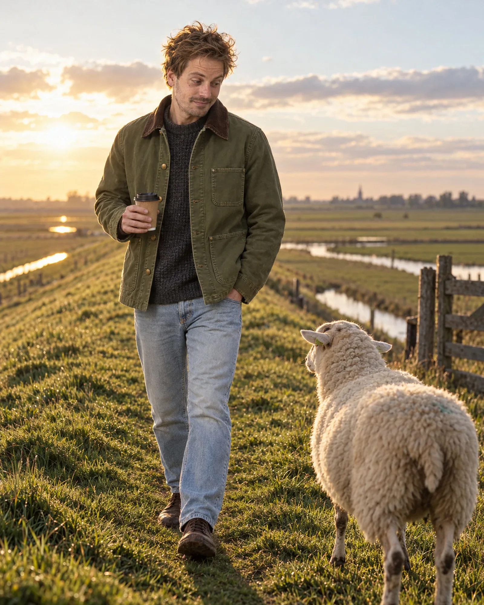 Daan in een olijfgroen werkjack op een dijk, een schaap blokkeert het pad