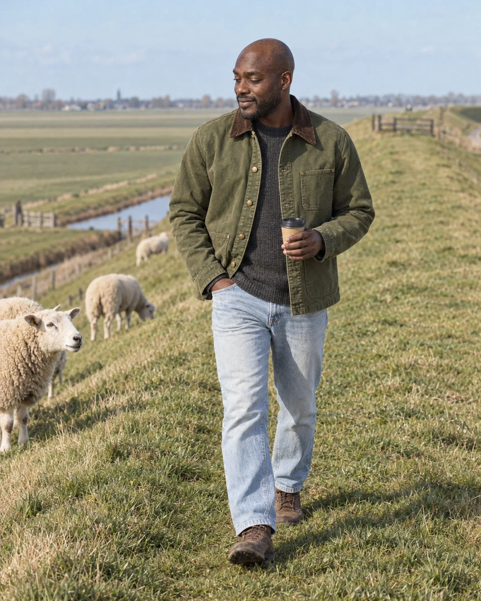 Jesse in an olive-green work jacket on a dike among sheep