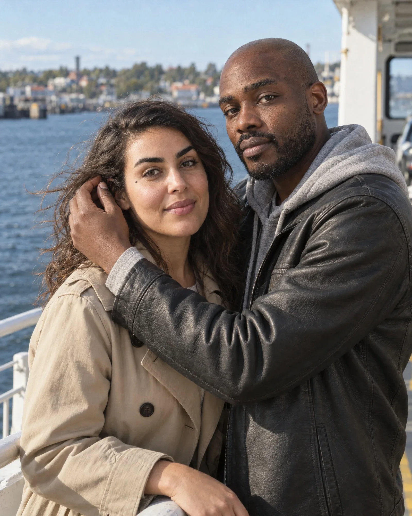 Jesse and Noor together on the deck of a ferry