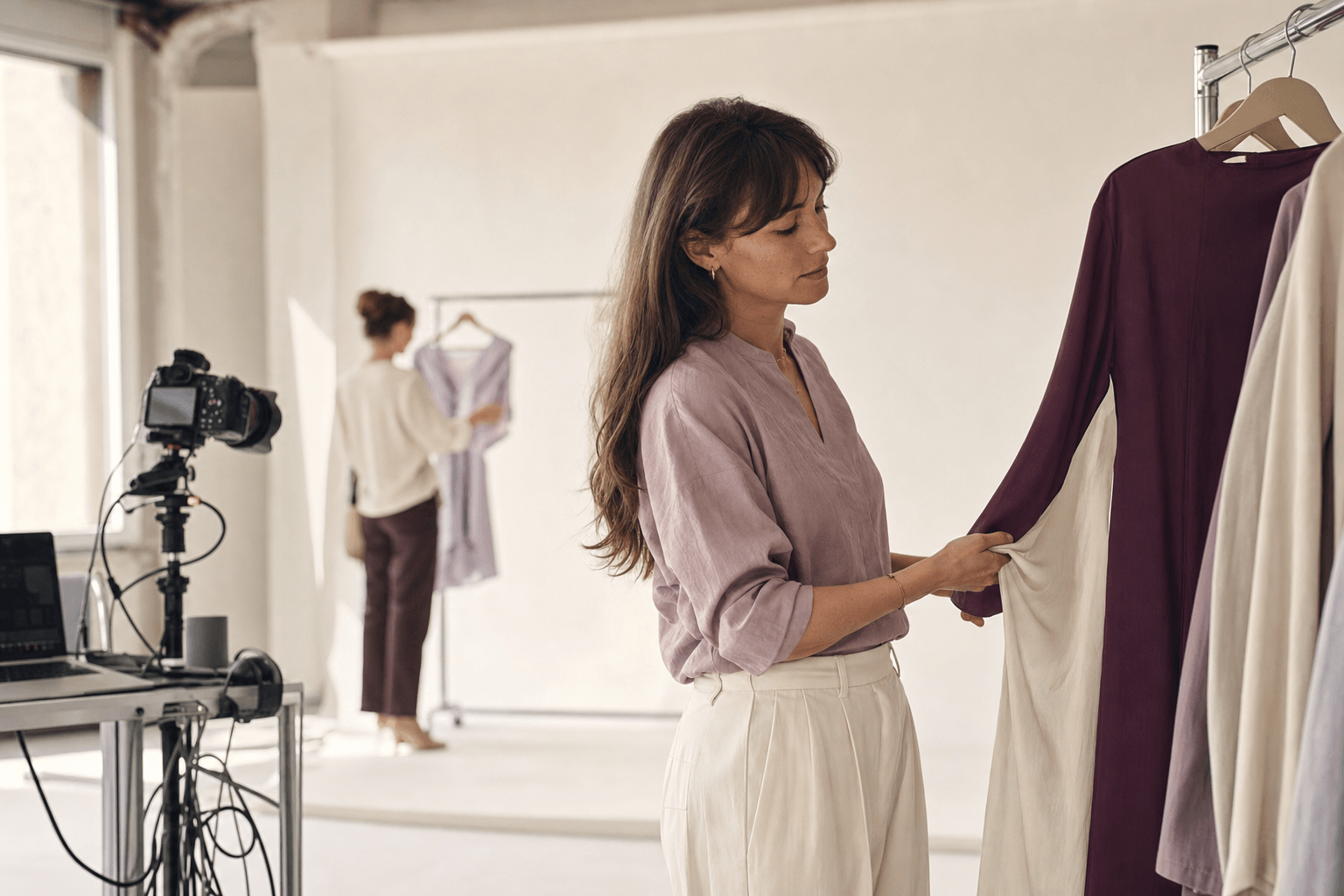 Fashionteam werkt aan een nieuwe collectie in een lichte fotostudio