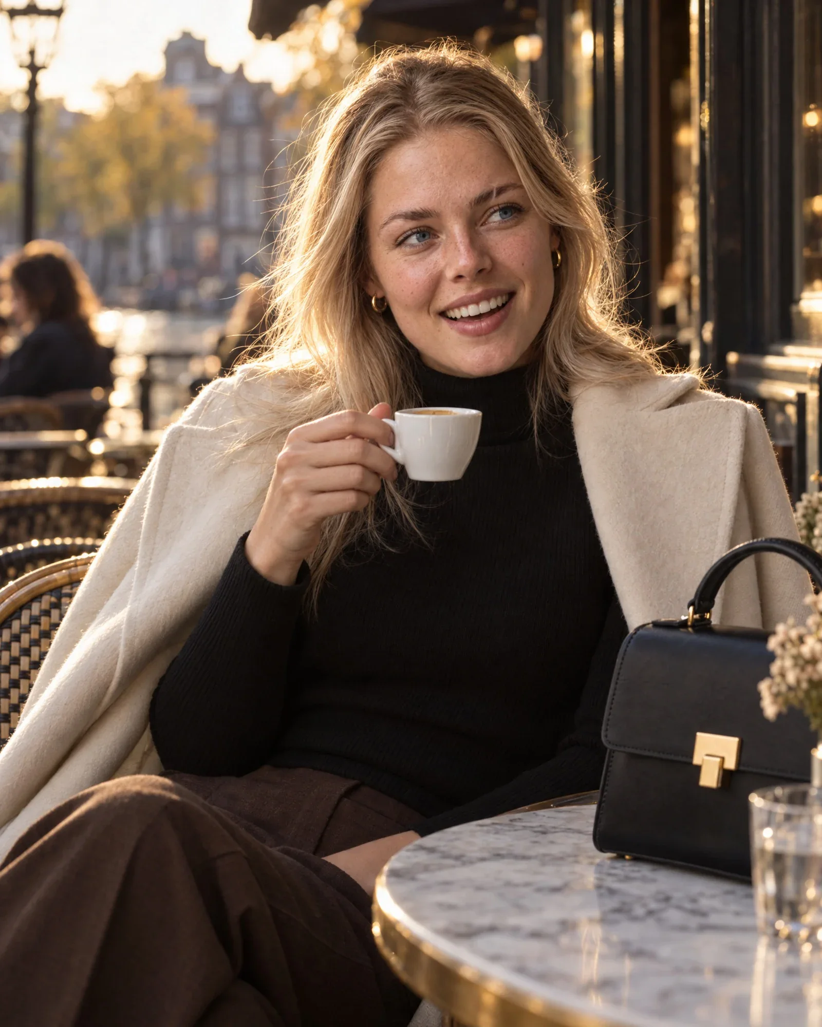 Isa met een espresso op het terras van een grand café