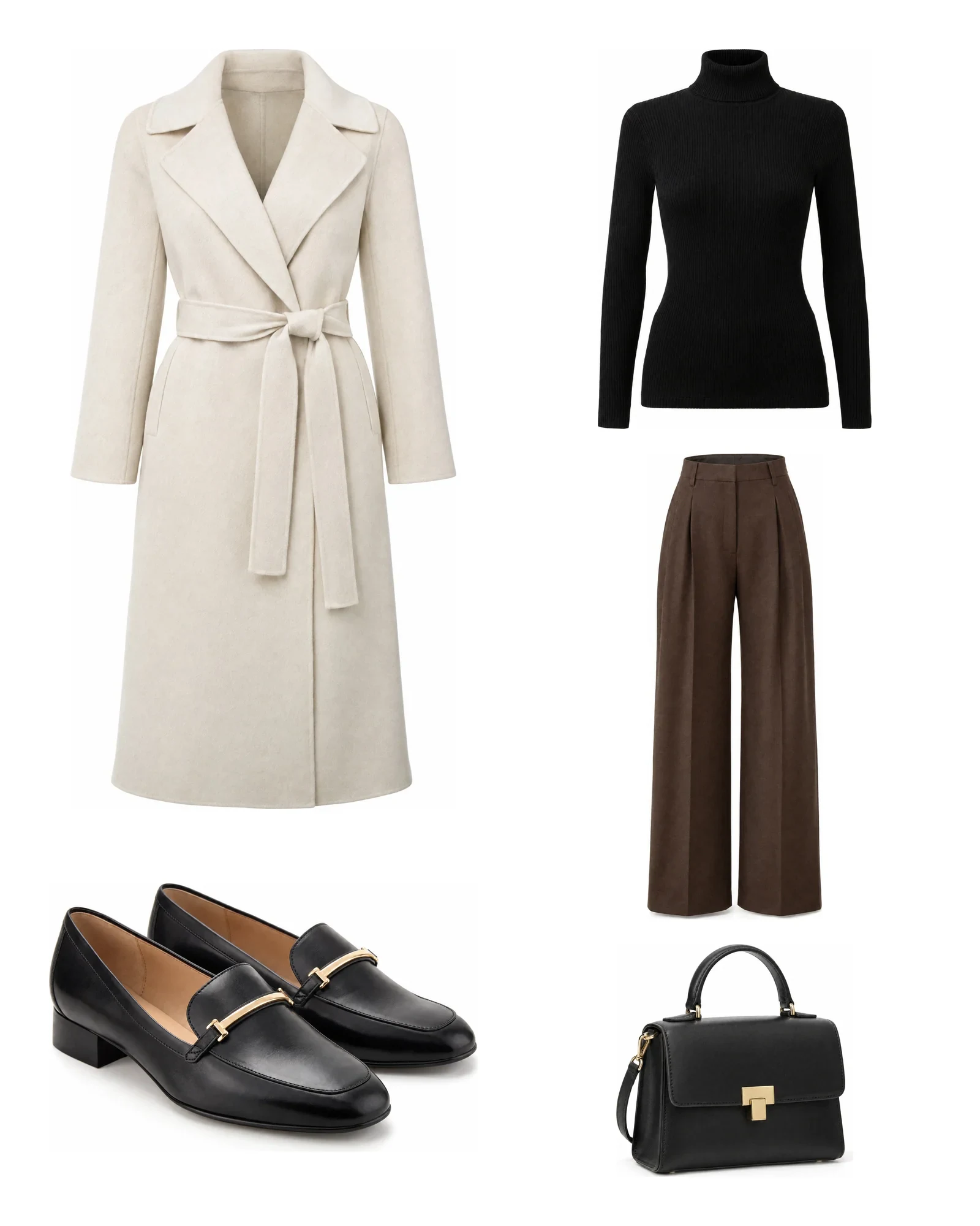 Cinco packshots: casaco envelope marfim, camisola de gola alta preta, calças castanhas, loafers e mala de mão