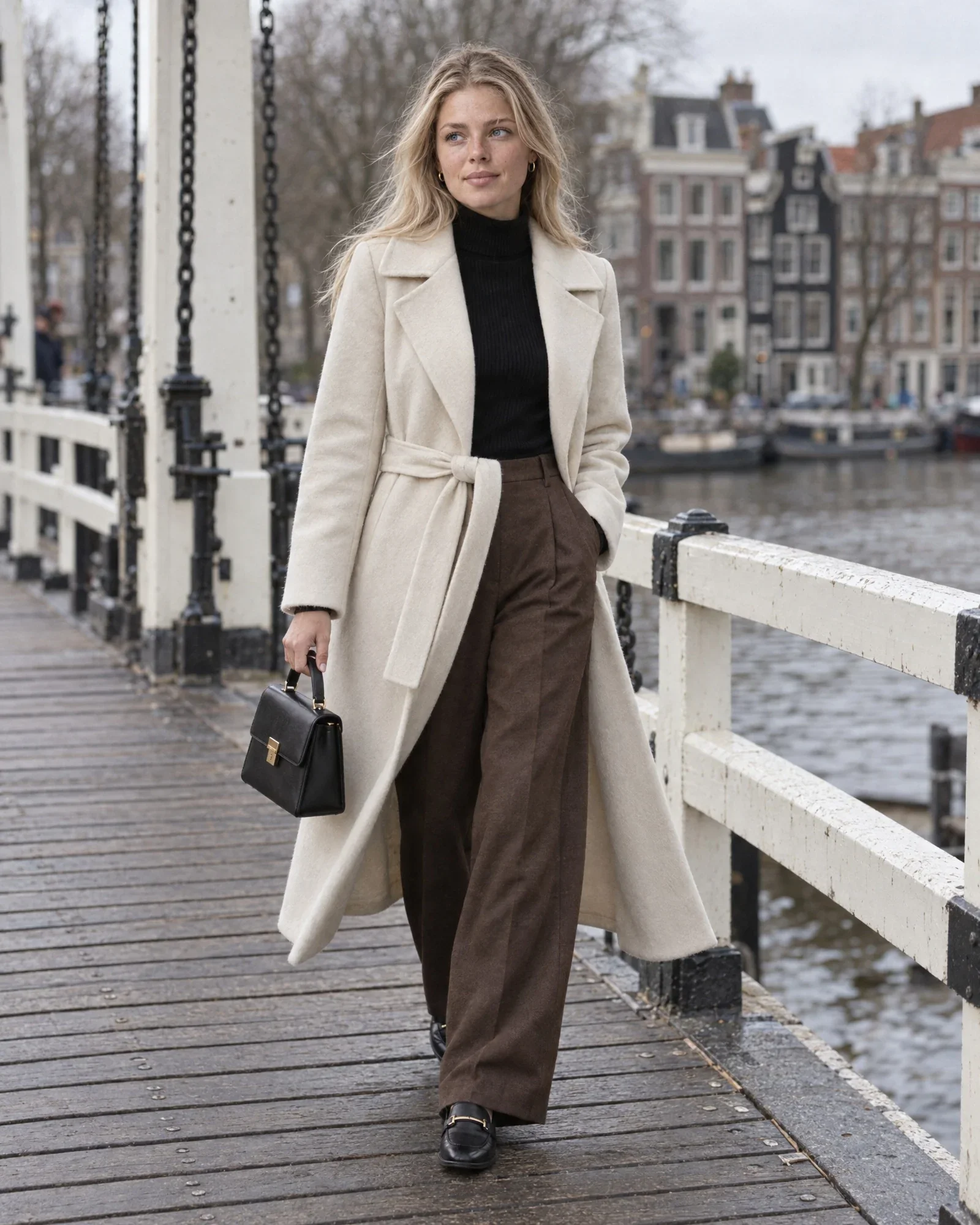 Isa on a white drawbridge over the Amstel