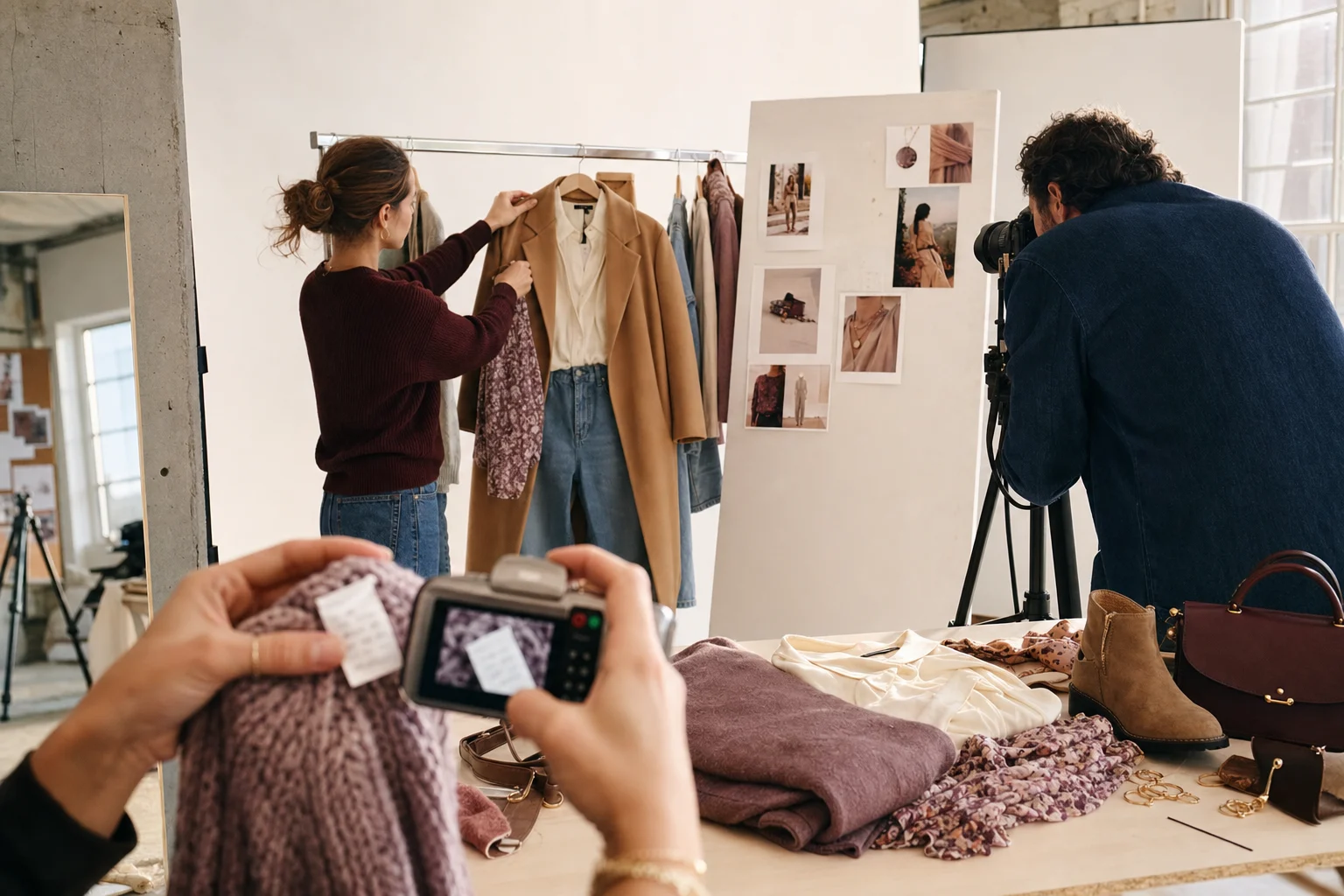 Stylingteamet bygger en Shop the Look-uppsättning och skannar en tvättetikett