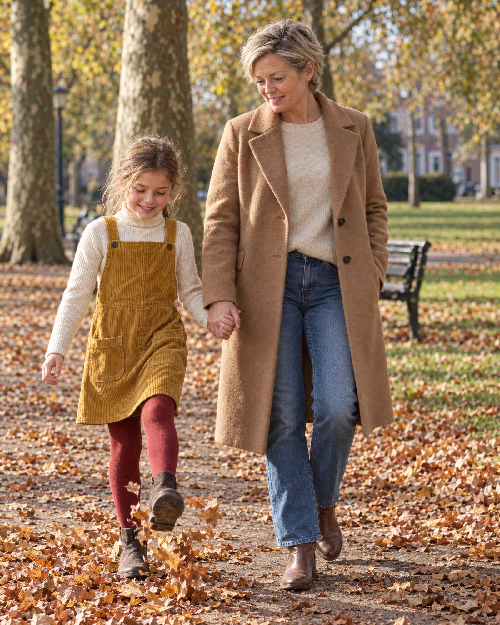 Lieke walking hand in hand with Femke through the autumn leaves