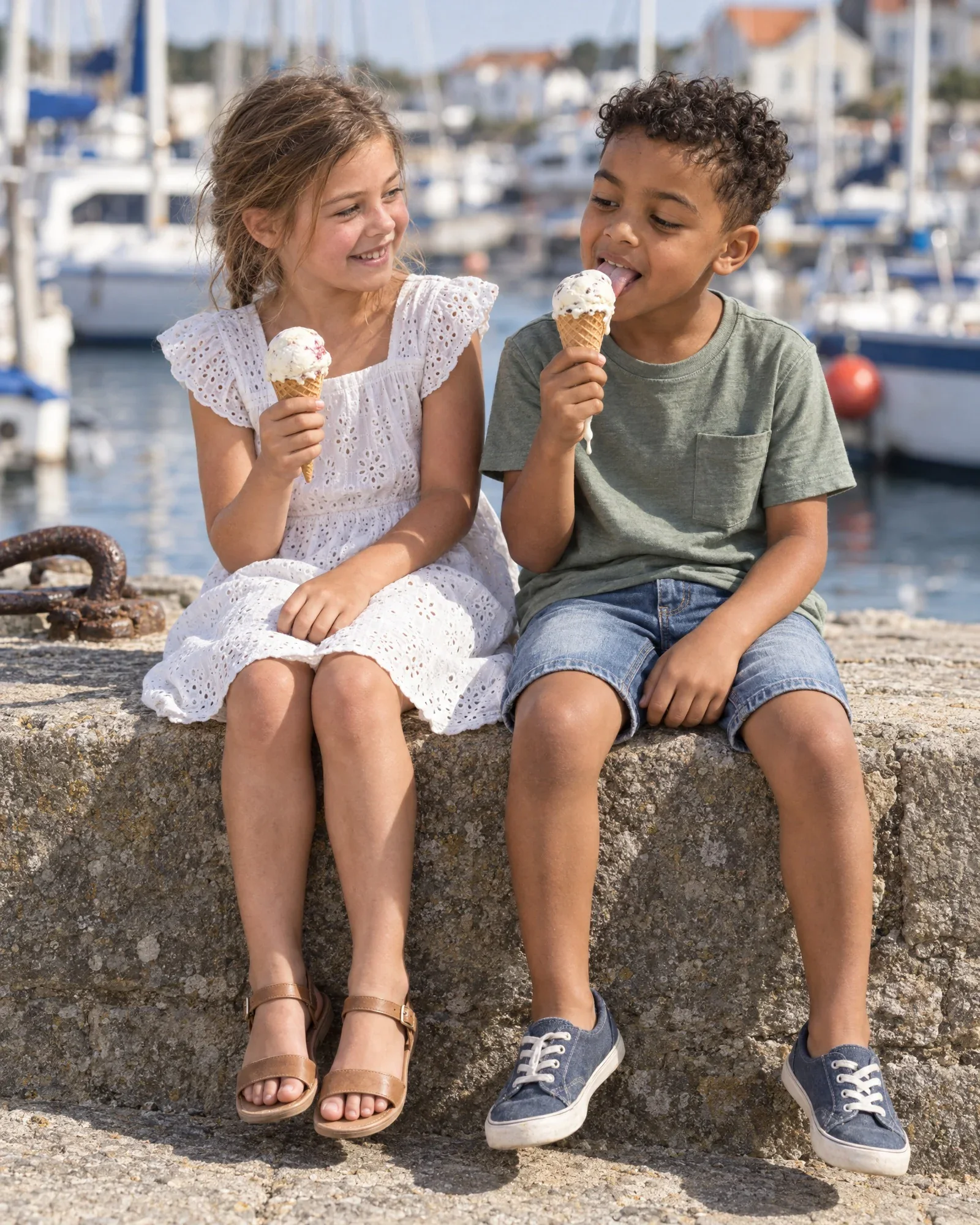 Lieke and Sem eating ice cream on a harbor wall