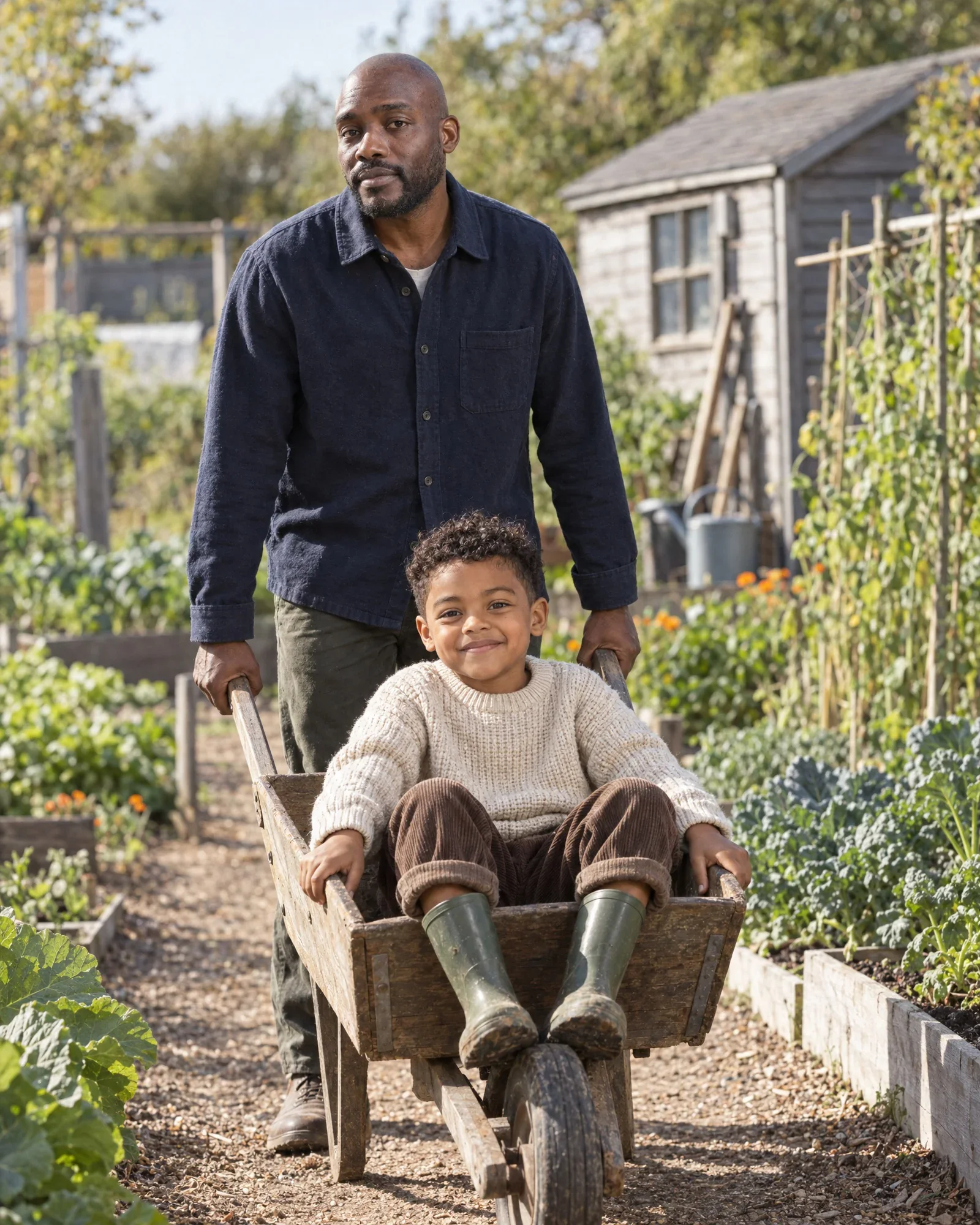 Jesse pushing Sem in a wooden wheelbarrow through a vegetable garden
