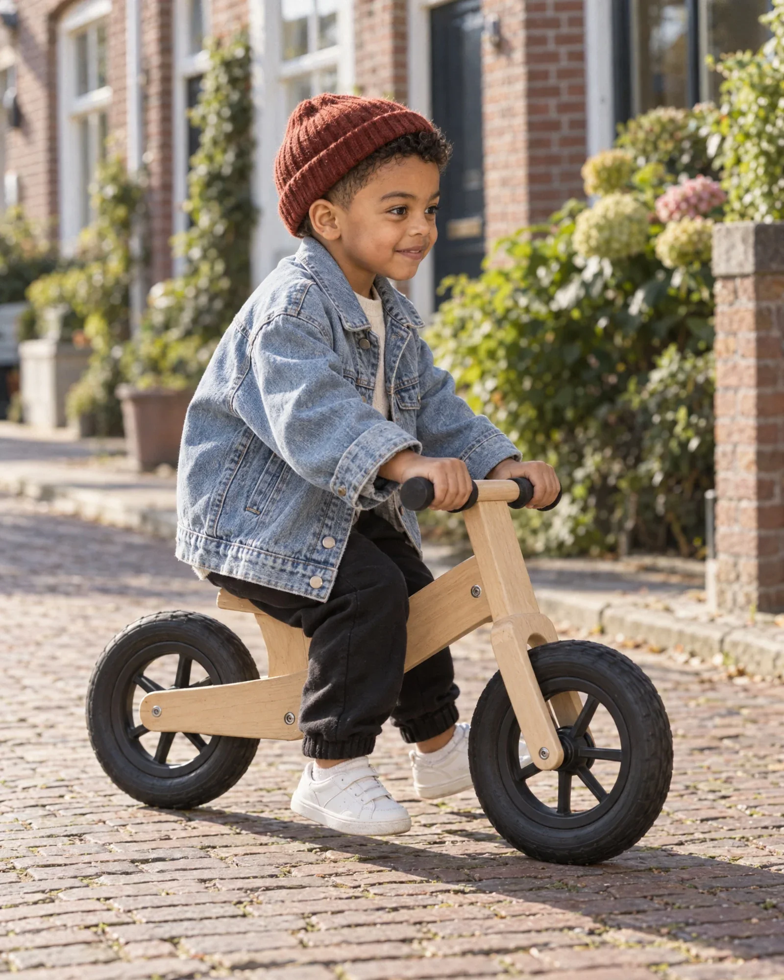 Sem races through a village street on a wooden balance bike, tongue out