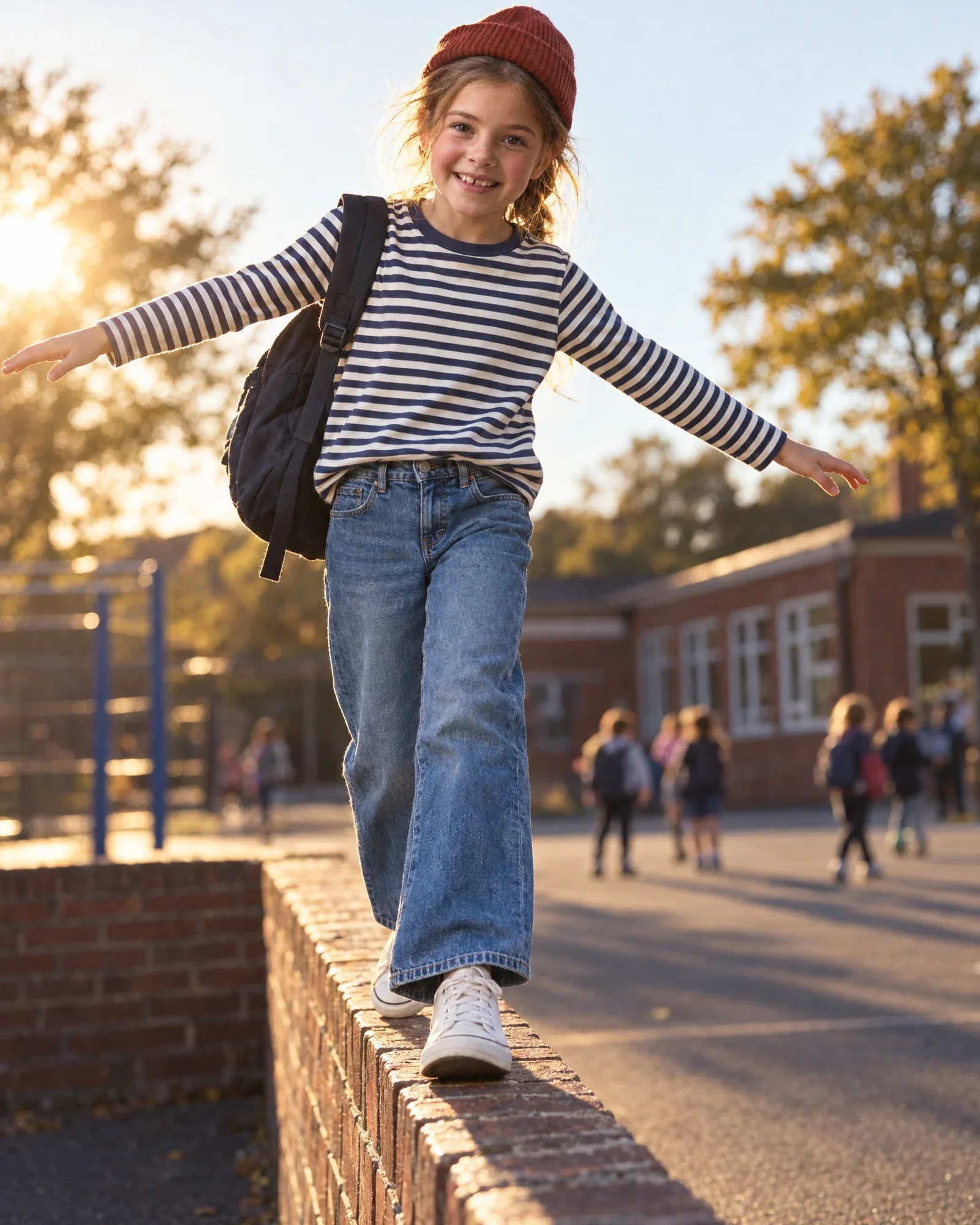 Lieke balanceert met gespreide armen op een muurtje bij het schoolplein