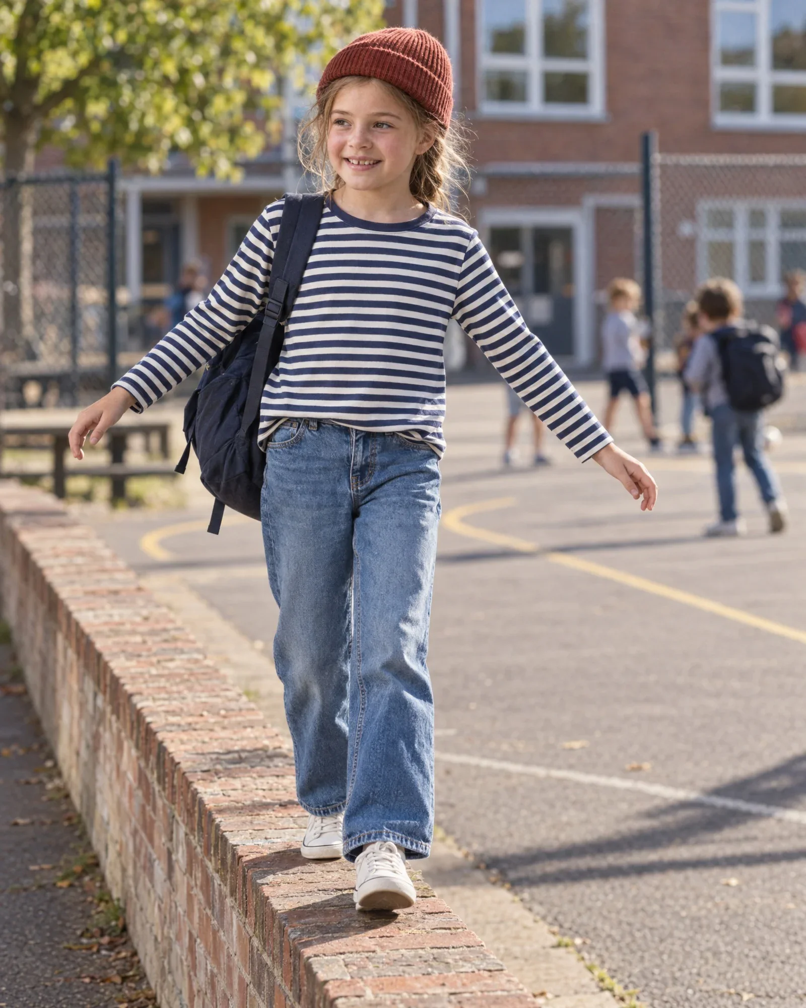 Lieke balances with her arms out on a low wall by the schoolyard